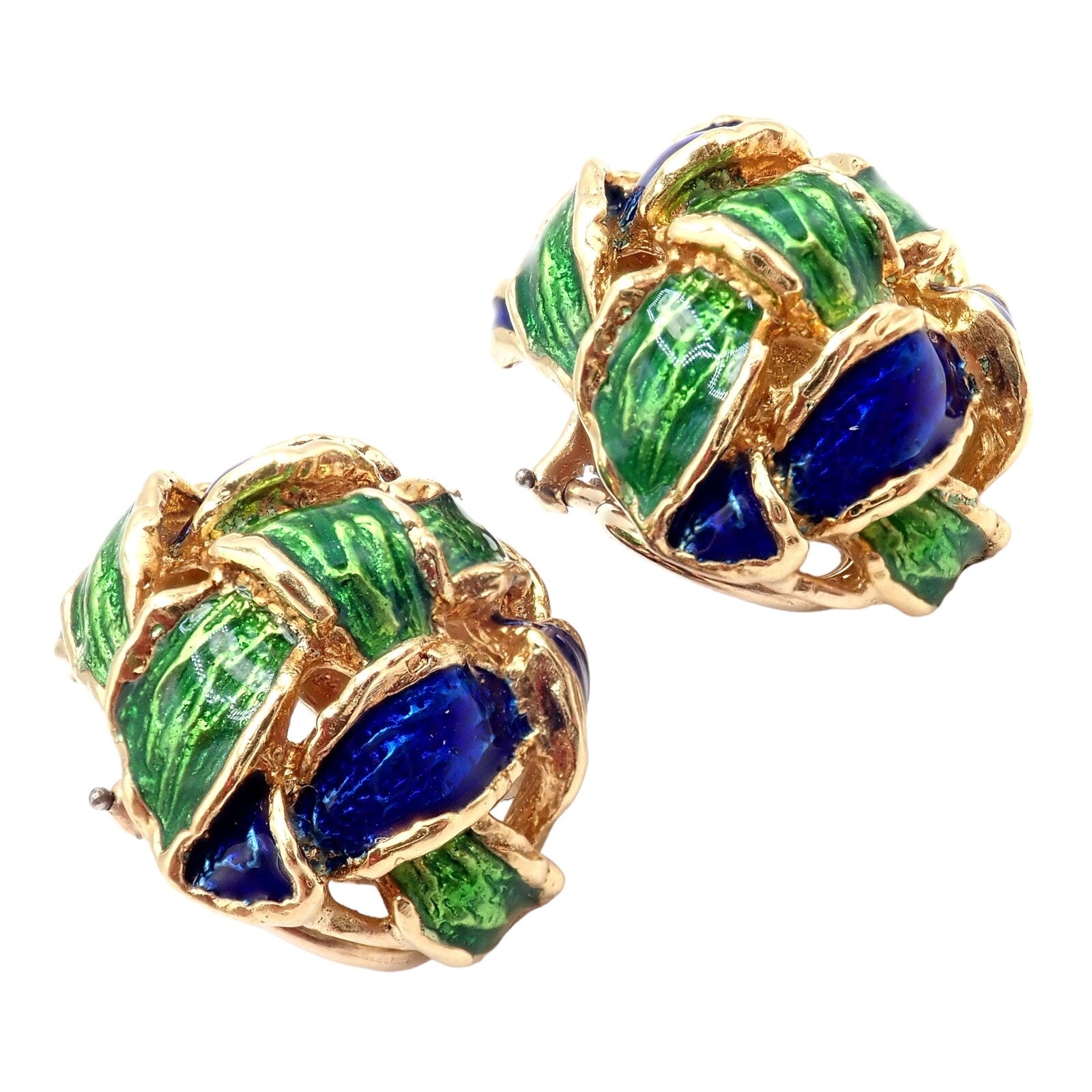 Vintage Tiffany & Co Green Blue Enamel 18k Yellow Gold Basket Weave Earrings | Fortrove