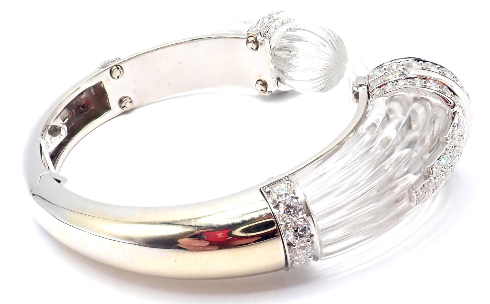 Authentic! David Webb 18k Gold & Platinum Diamond Rock Crystal Bangle Bracelet | Fortrove