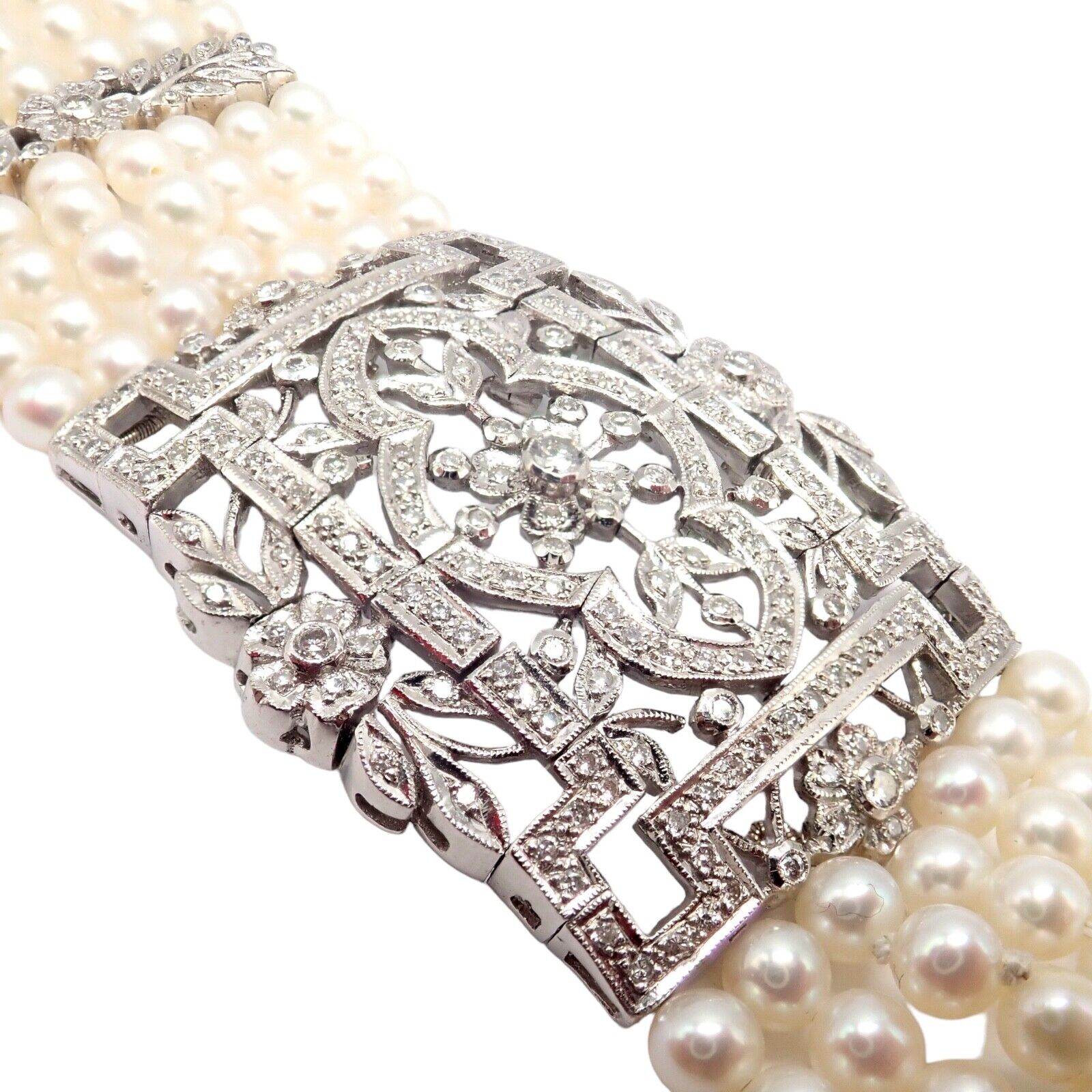 Vintage Estate 18k White Gold Diamond 7 Row 4.5mm Pearl Bracelet | Fortrove