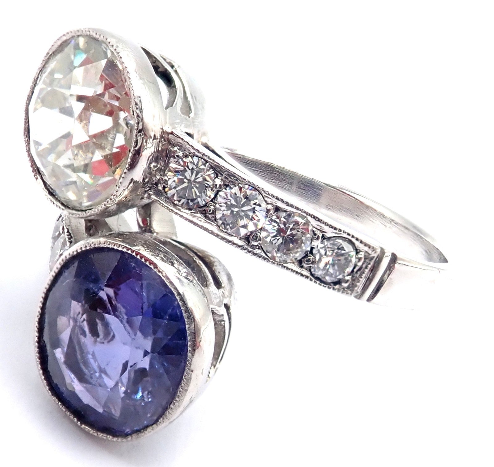 Estate Jewelry & Watches:Vintage & Antique Jewelry:Rings Vintage Estate Platinum Diamond Sapphire Art Deco Crossover Ring