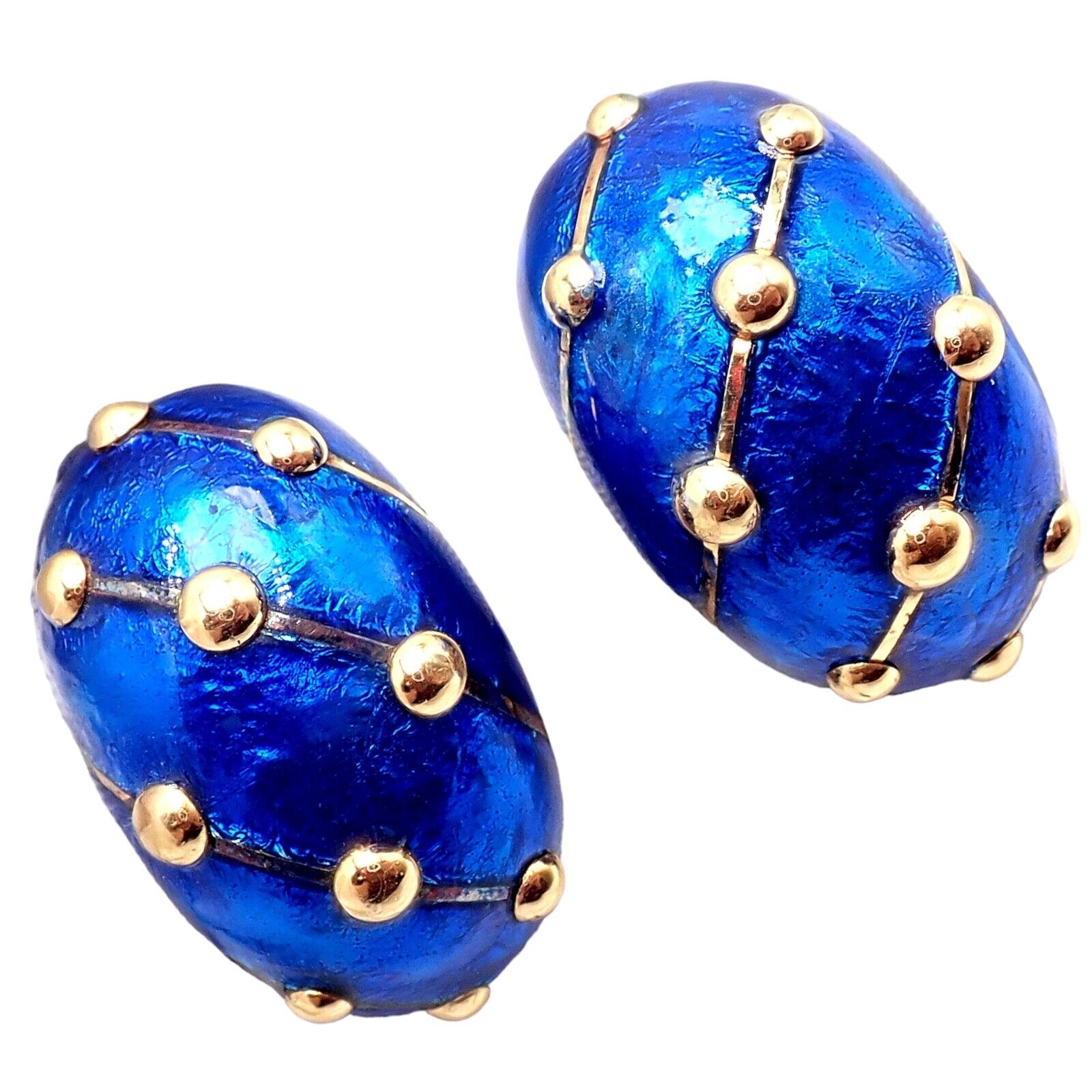 Rare Tiffany & Co Schlumberger 18k Yellow Gold Large Blue Enamel Banana Earrings | Fortrove
