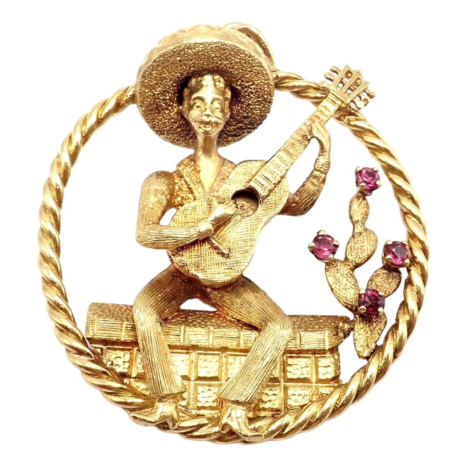 Authentic! Rudi Cherny 18k Yellow Gold Guitar Player Cactus Ruby Pendant | Fortrove