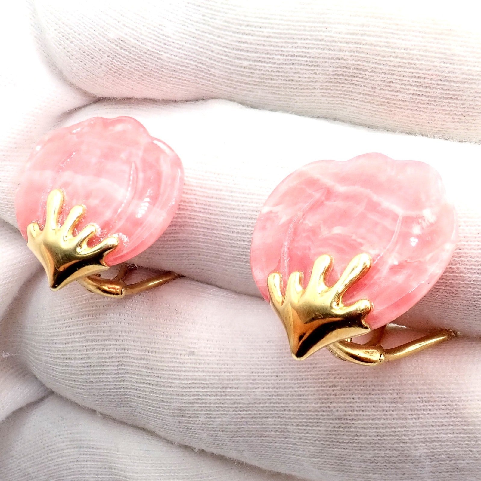 Authentic Tiffany & Co Angela Cummings 18k Yellow Gold Pink Stone Petal Earrings | Fortrove