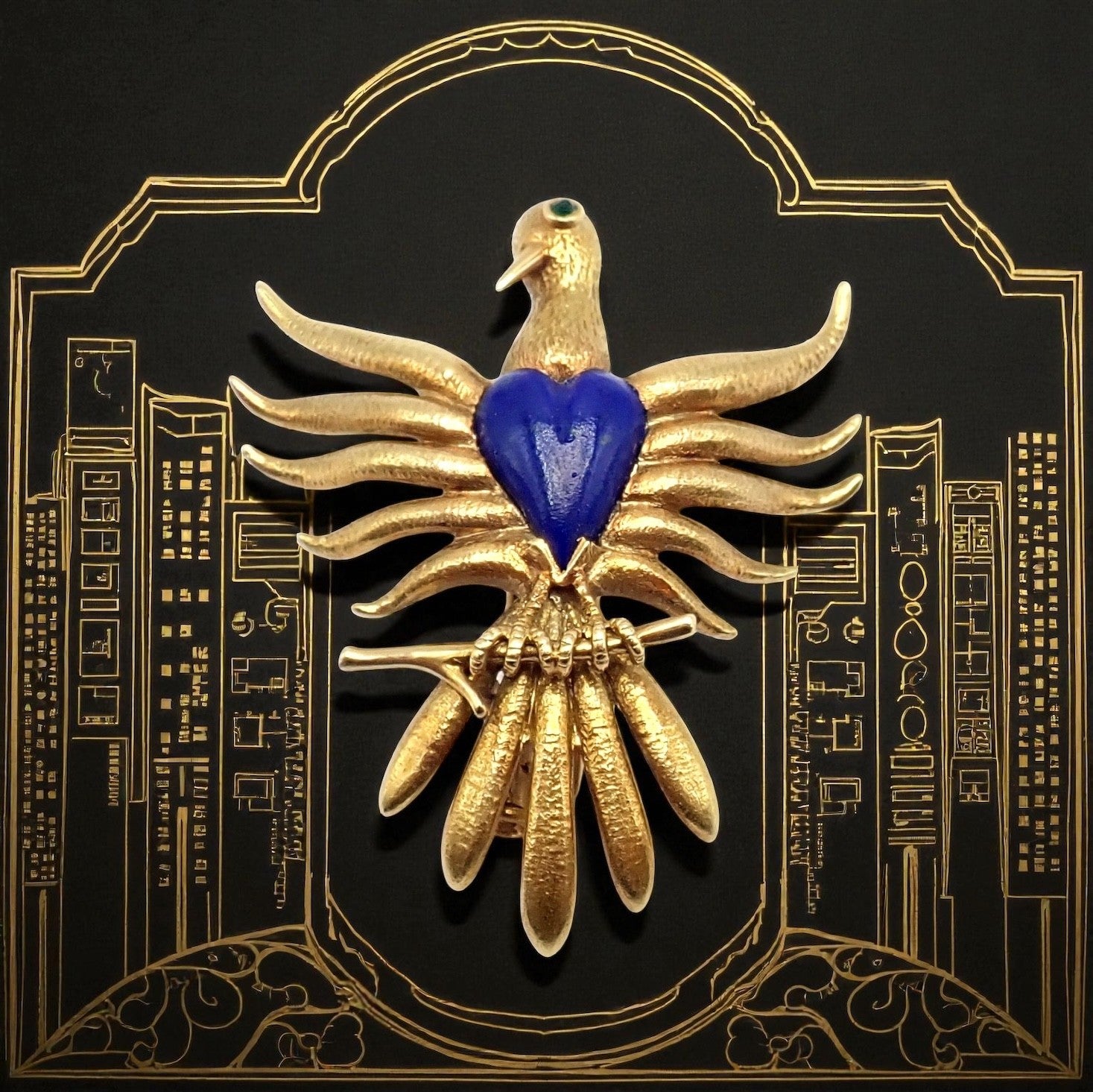 Rare! Tiffany & Co Schlumberger 18k Yellow Gold Lapis Phoenix Brooch Pin 1960's | Fortrove