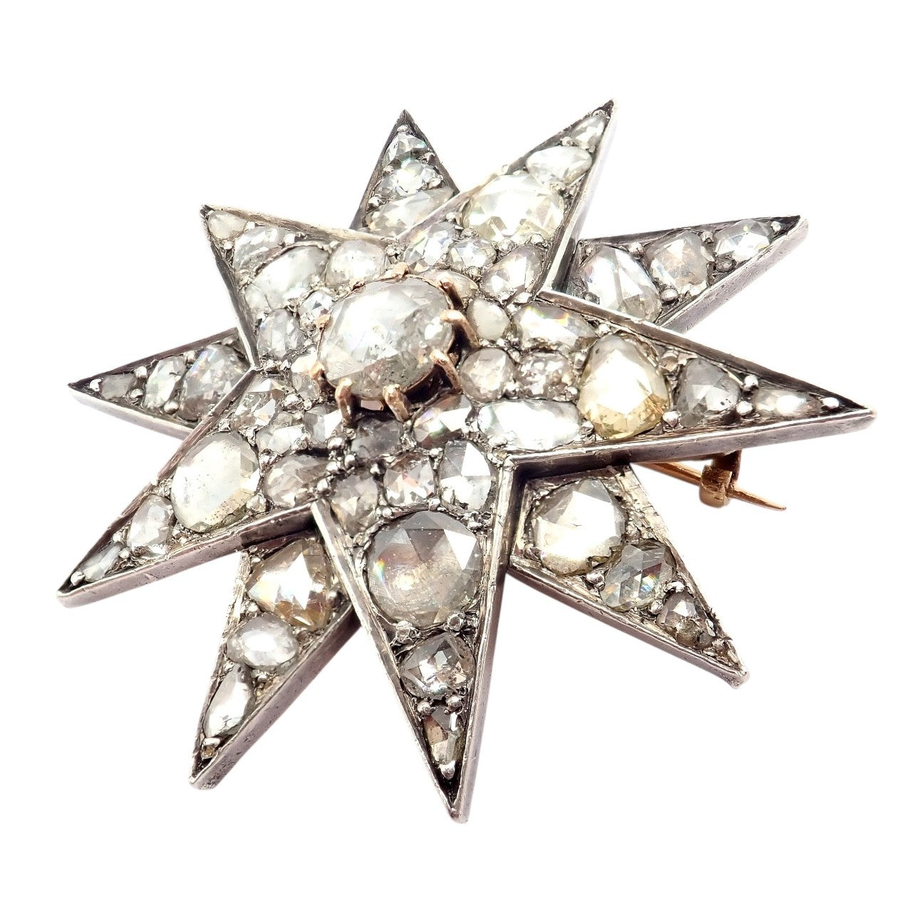 Antique 18k Gold + Silver Georgian Rose Cut Diamond Star Pin Brooch 1800's | Fortrove