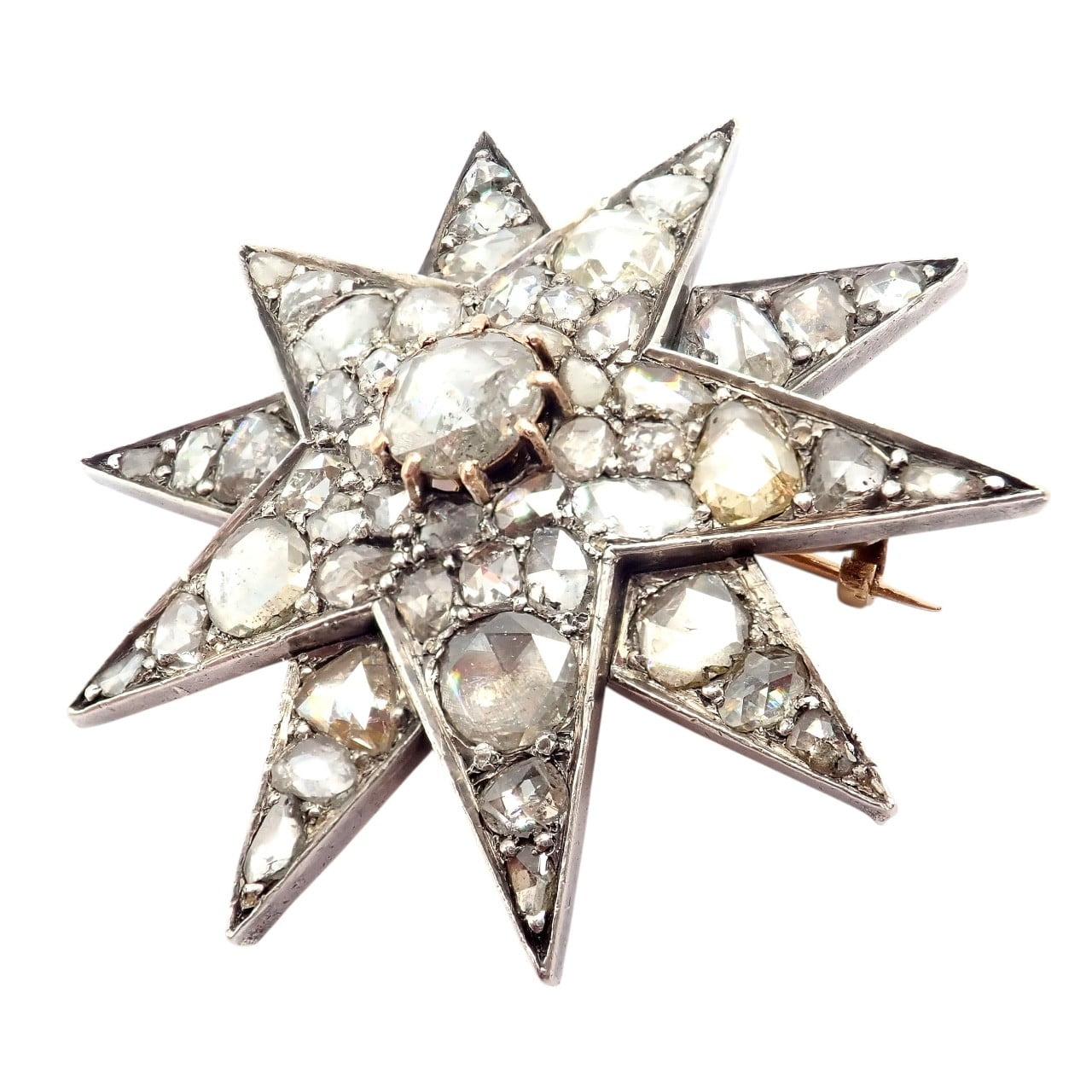 Estate Jewelry & Watches:Fine Jewelry:Brooches & Pins Antique 18k Gold + Silver Georgian Rose Cut Diamond Star Pin Brooch 1800's