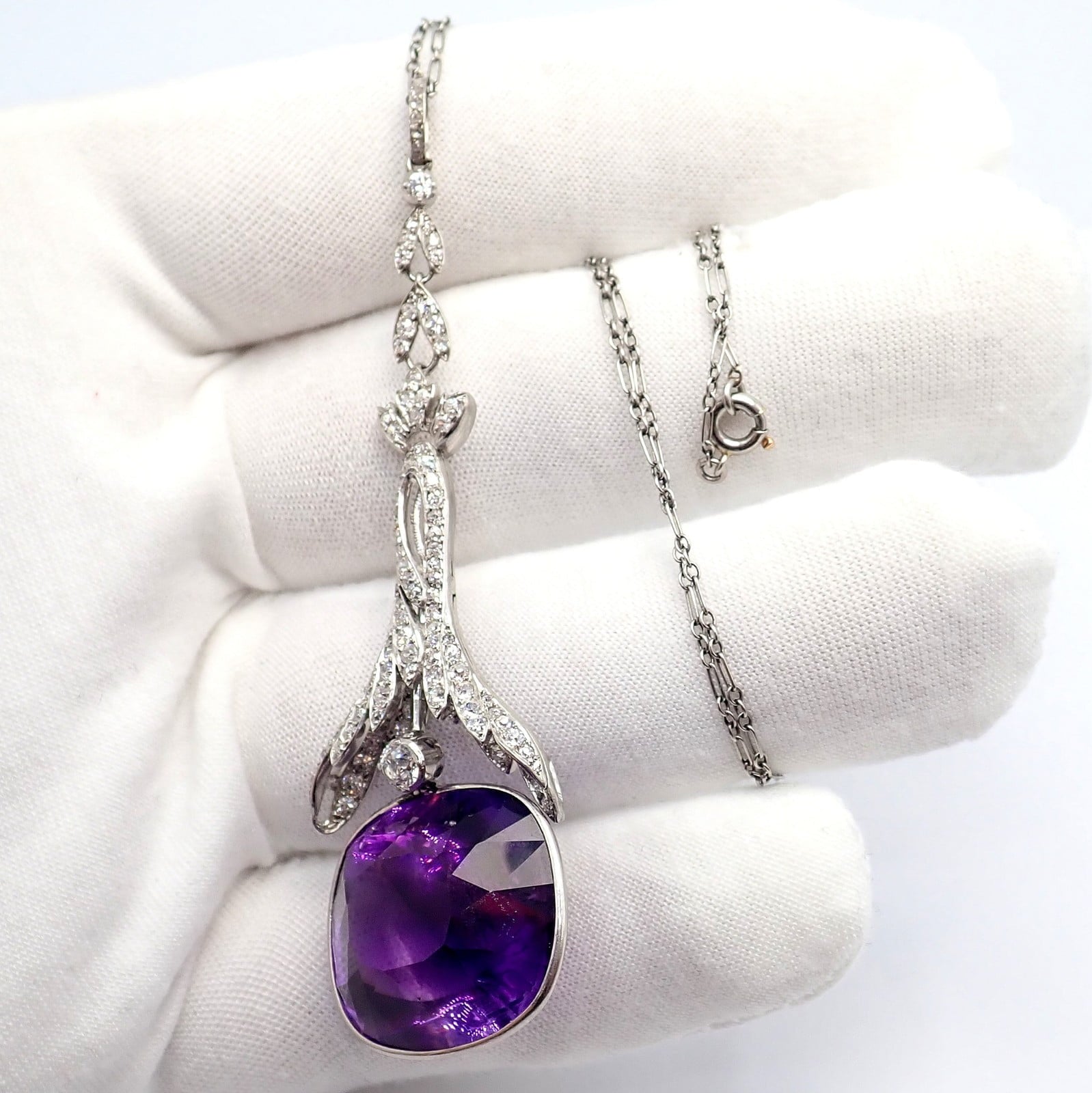 Estate Jewelry & Watches:Fine Jewelry:Necklaces & Pendants Vintage Estate Platinum Diamond Large Amethyst Art Deco Necklace