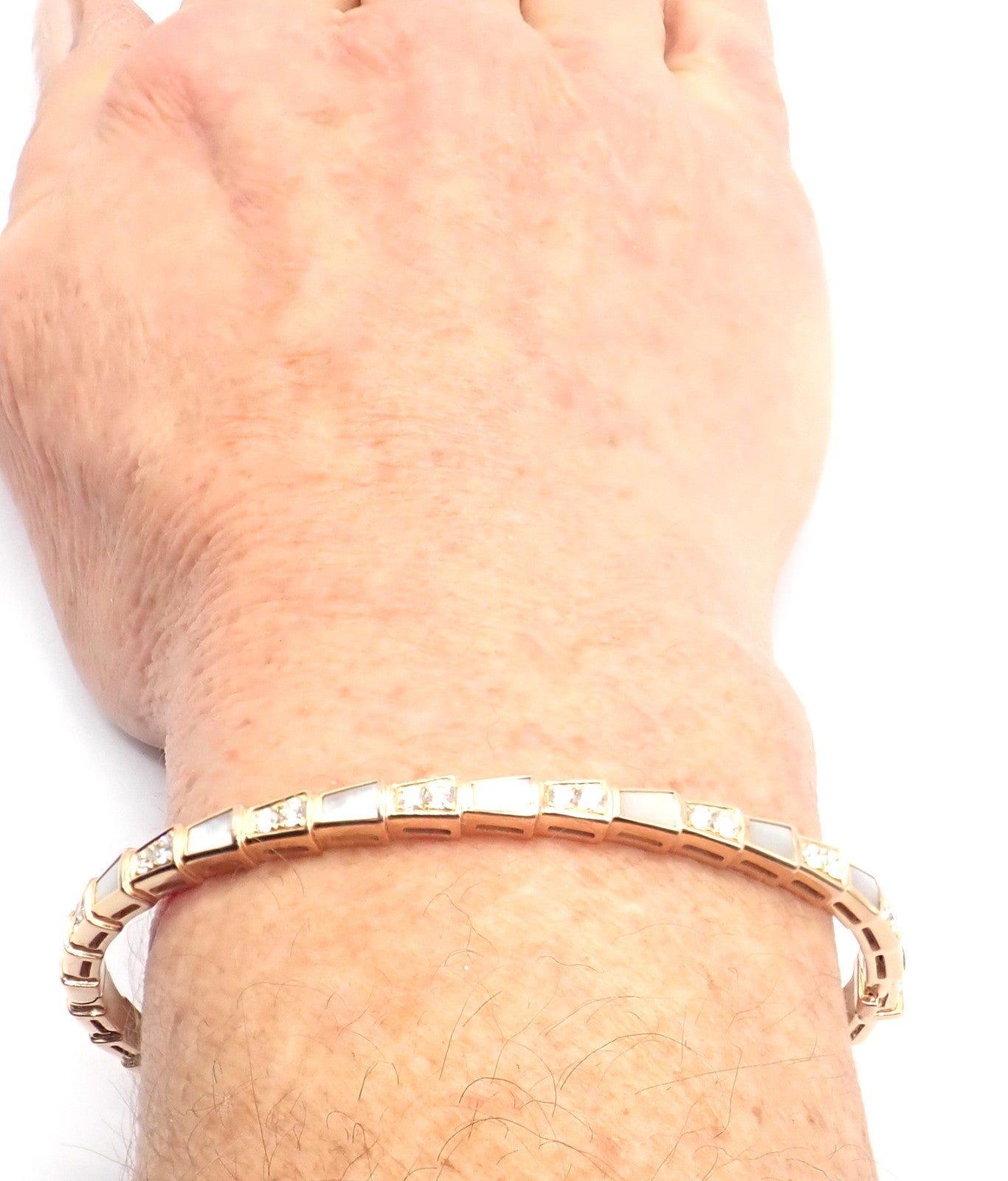 Authentic! Bulgari Bvlgari Serpenti Viper 18k Gold Diamond MOP Bangle Bracelet | Fortrove