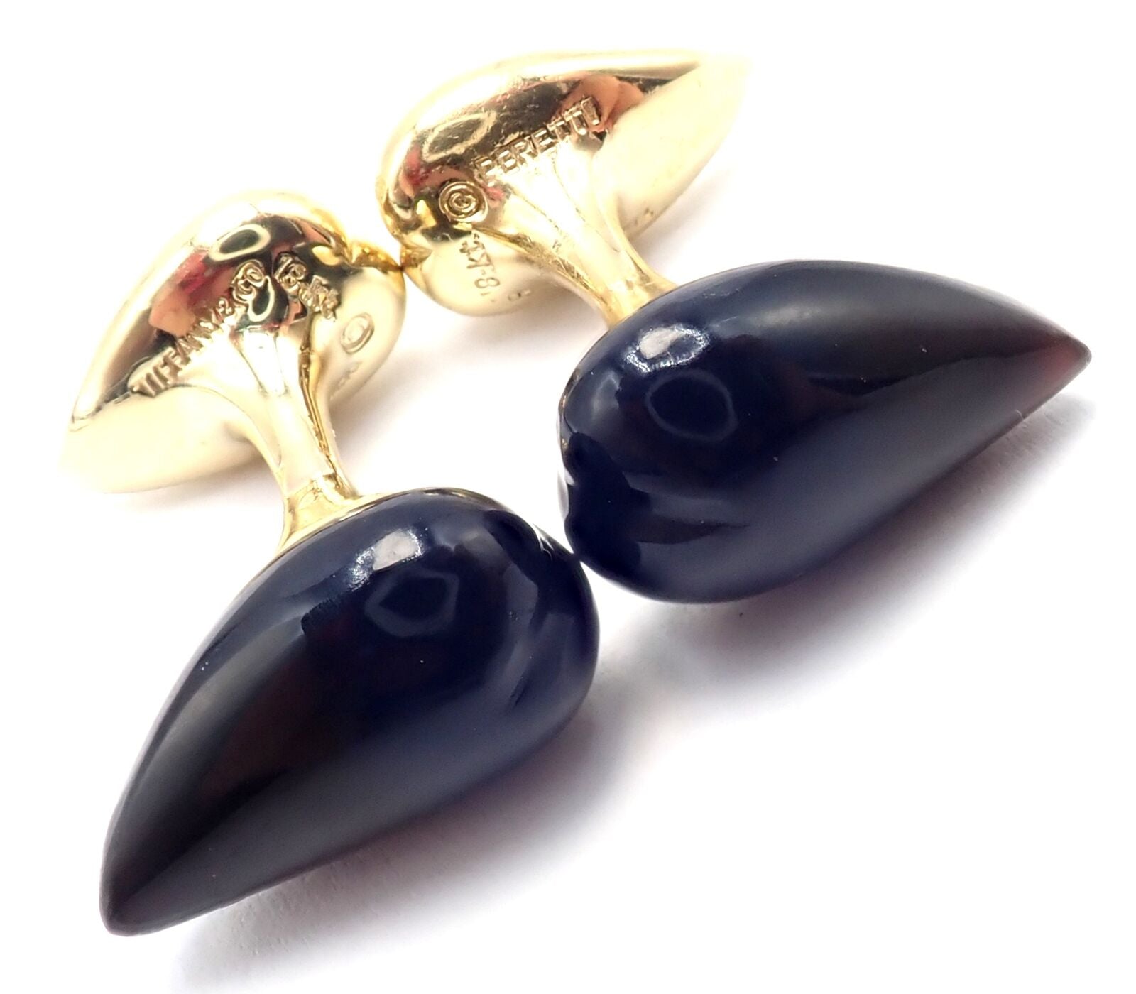 Authentic! Tiffany & Co Peretti 18k Yellow Gold Black Onyx Teardrop Cufflinks | Fortrove