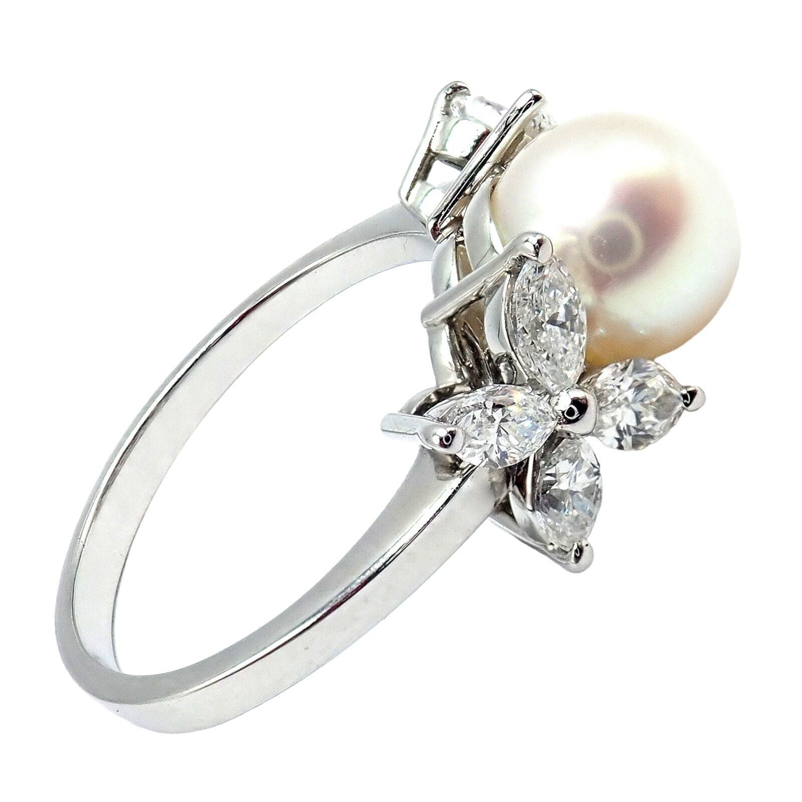 Authentic! Tiffany & Co Victoria Platinum Diamond 7.5mm Pearl Band Ring | Fortrove