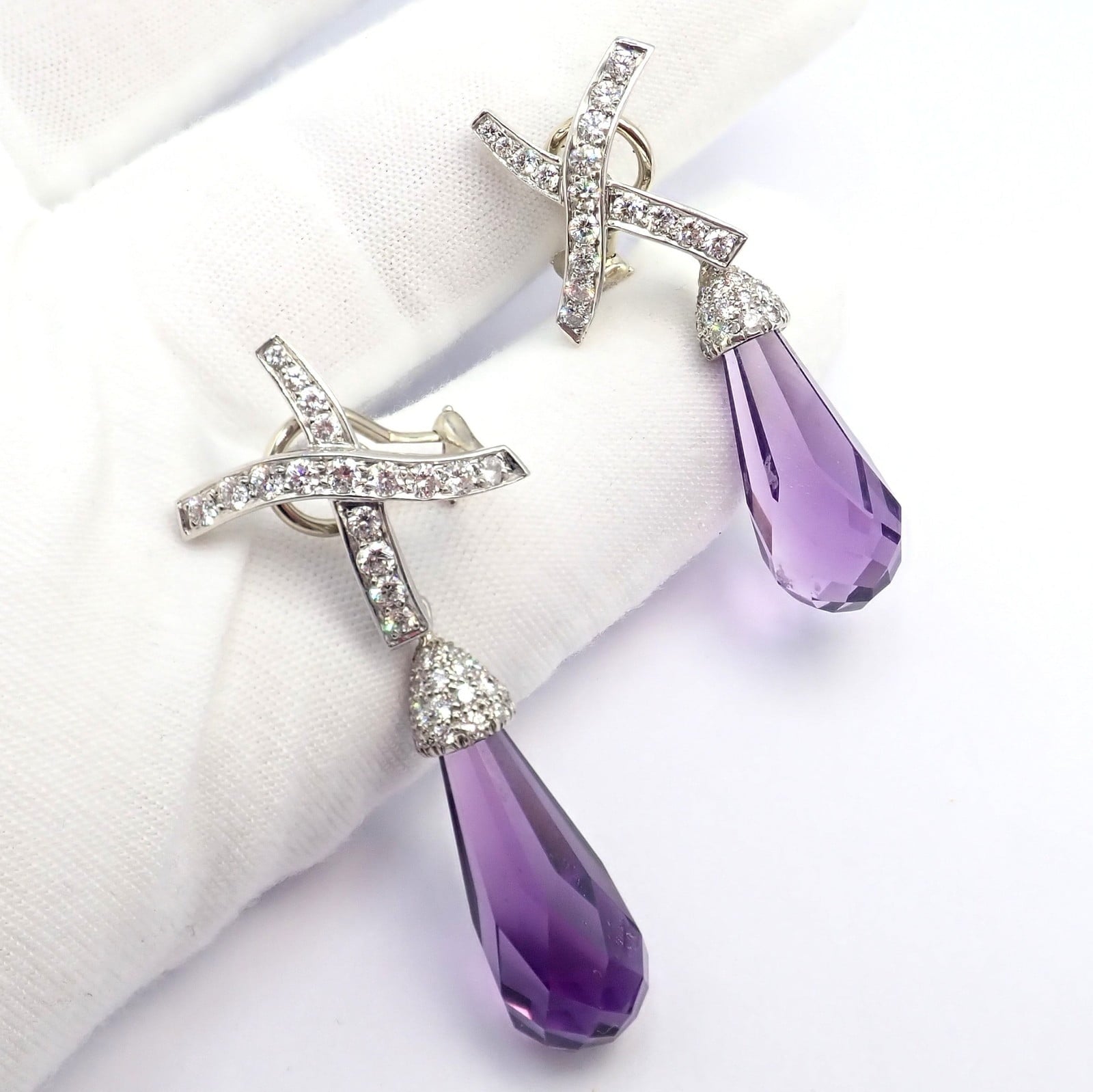 Tiffany & Co Picasso Platinum X Drop Diamond Amethyst Night + Day Earrings 1985 | Fortrove