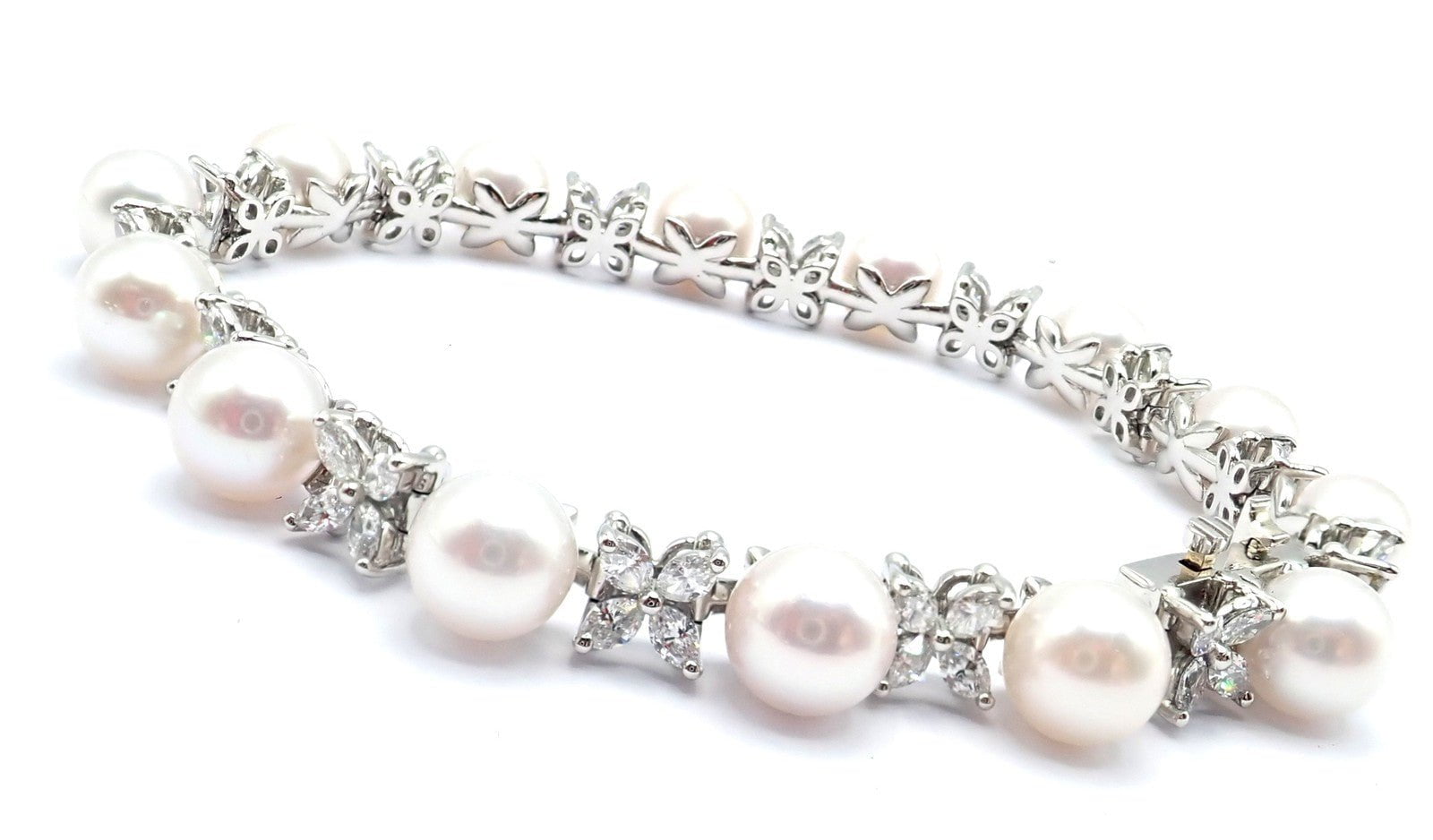 Tiffany & Co Victoria Platinum Diamond Akoya Cultured Pearl Line Tennis Bracelet | Fortrove