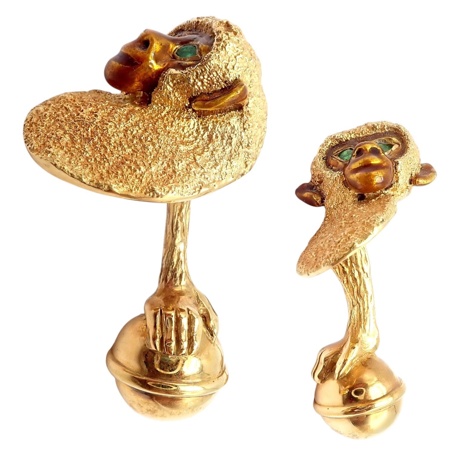 Vintage Tiffany & Co. 18k Yellow Gold Emerald Enamel Monkey Cufflinks 1991 | Fortrove