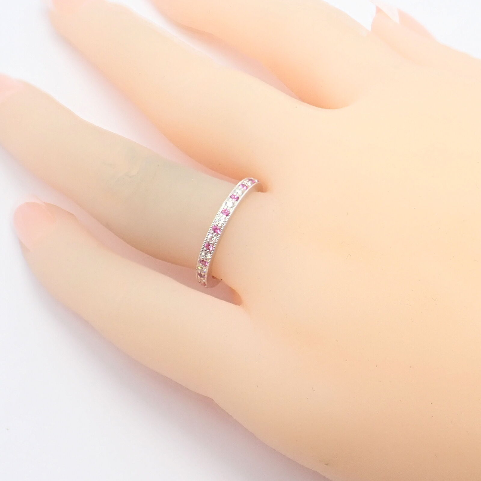 Tiffany & Co Platinum Diamond Pink Sapphire Milgrain 2.5mm Band Ring sz 5.75 | Fortrove