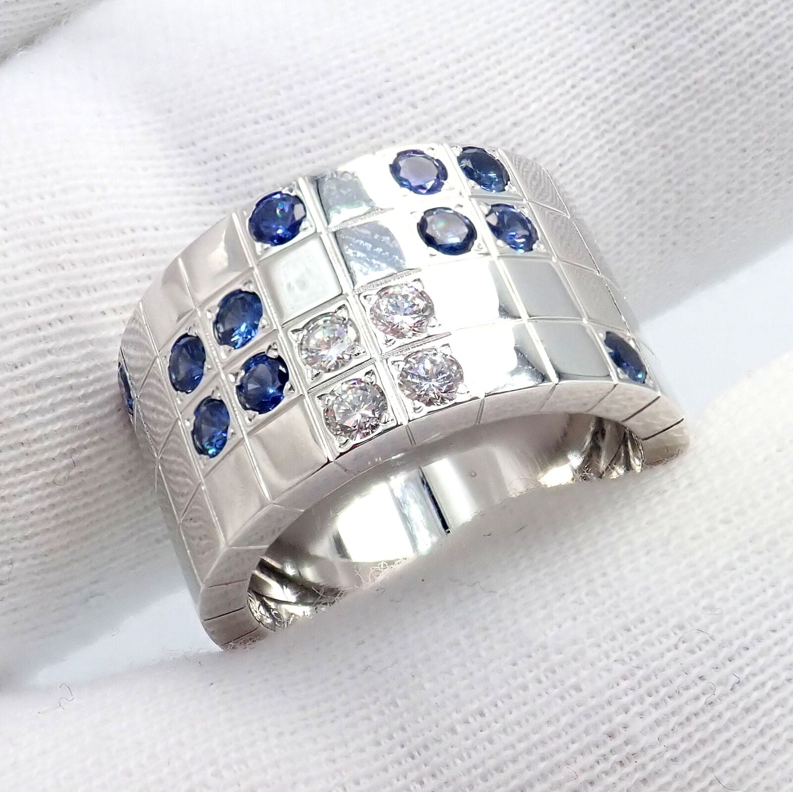 Cartier 18k White Gold Lanieres Diamond Blue Sapphire Wide Band Ring 53 6.5 | Fortrove