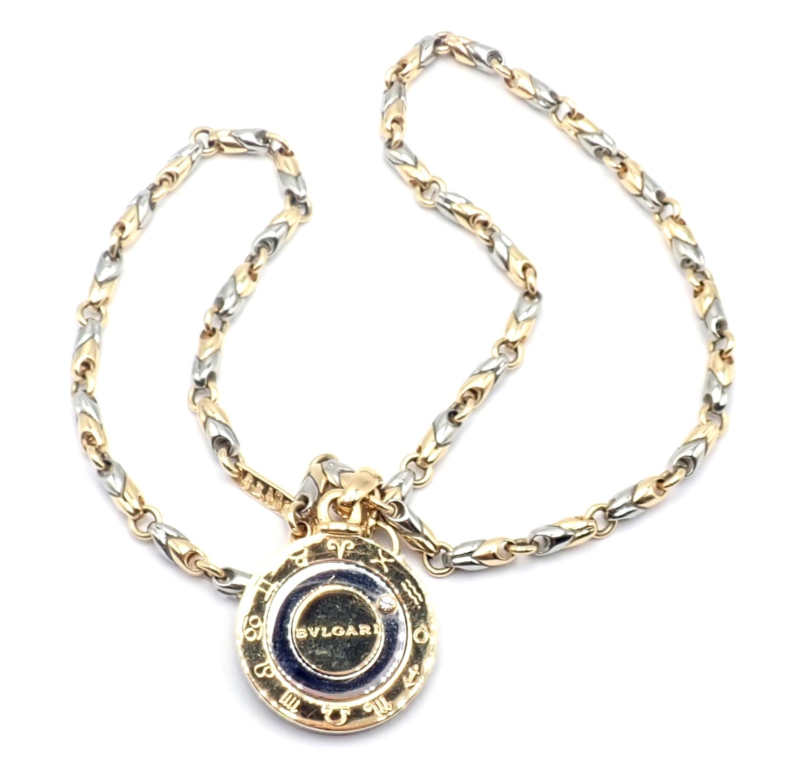 Authentic! Bulgari Bvlgari 18k Yellow Gold Steel Diamond Zodiac Pendant Necklace | Fortrove