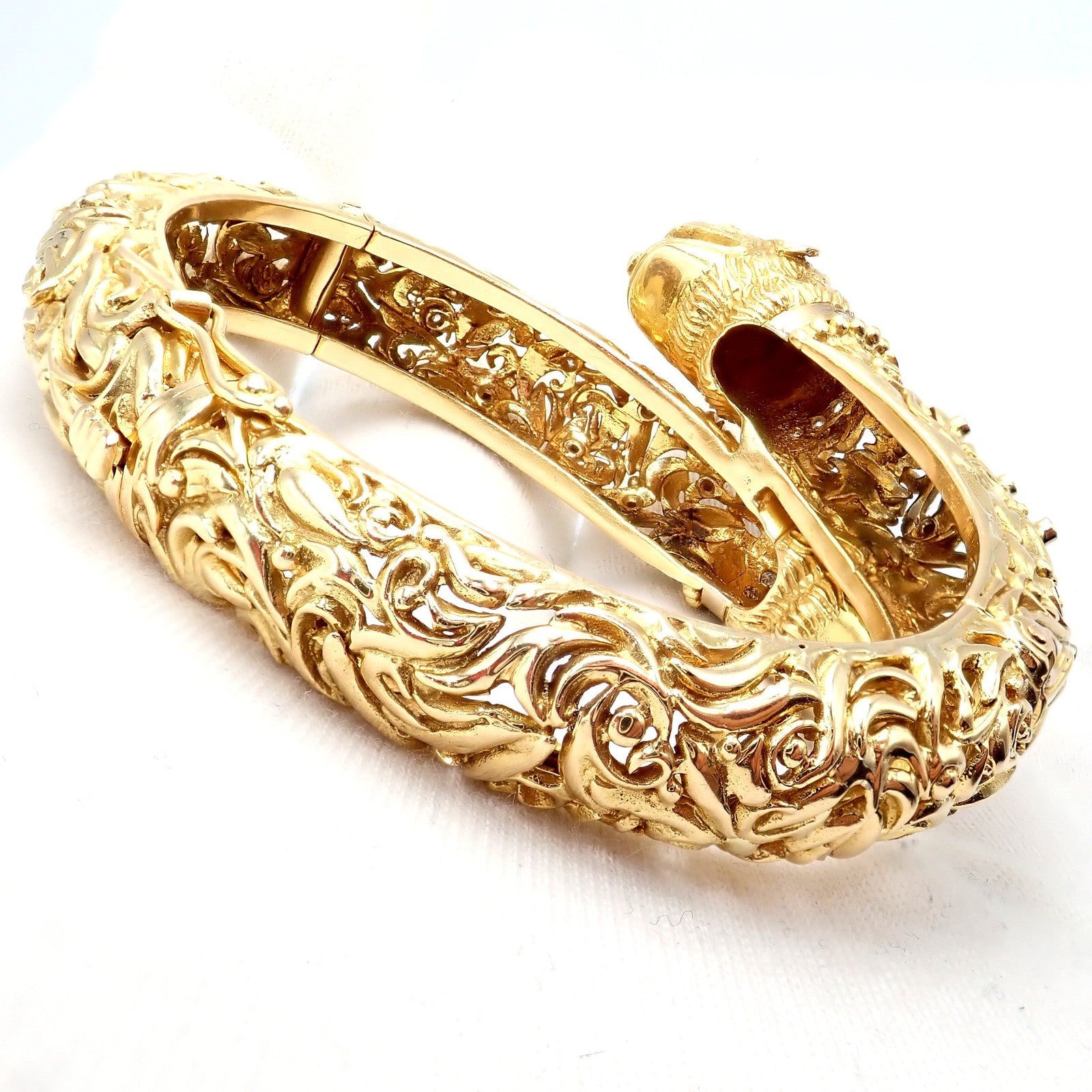 Rare Ilias Lalaounis 18k Yellow Gold Double Chimera Diamond Ruby Bangle Bracelet | Fortrove