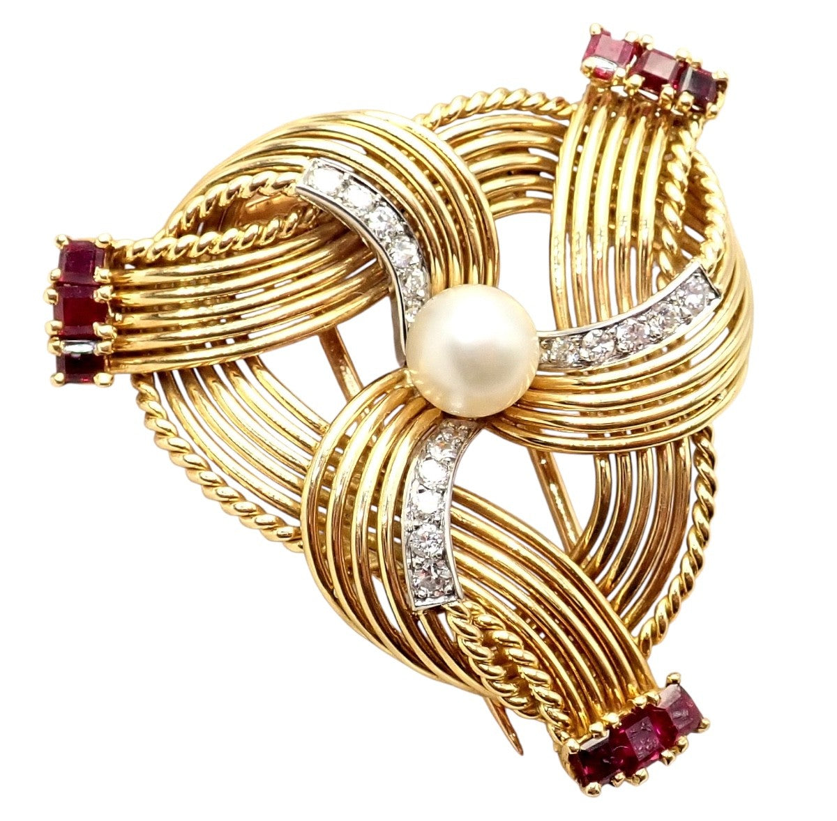Vintage Cartier 18k Yellow Gold Diamond Ruby Pearl Pin Brooch 1960s | Fortrove