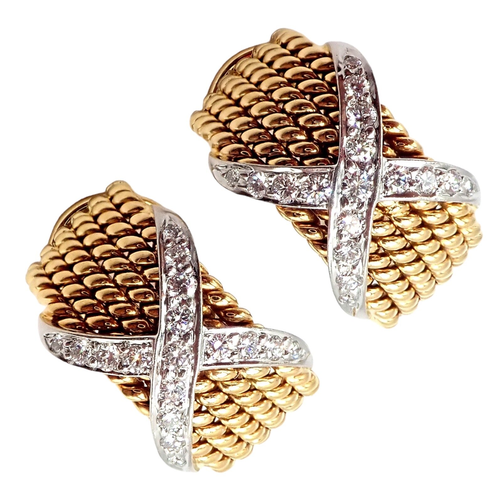 Tiffany & Co Schlumberger 18k Yellow Gold Platinum Diamond 6 Row Rope X Earrings | Fortrove