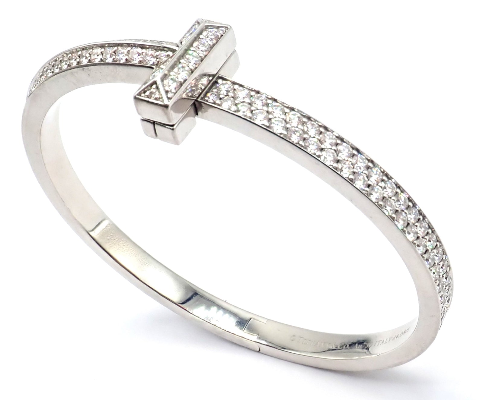 Authentic! Tiffany & Co 18k White Gold Diamond T1 Wide Hinged Bangle Bracelet | Fortrove