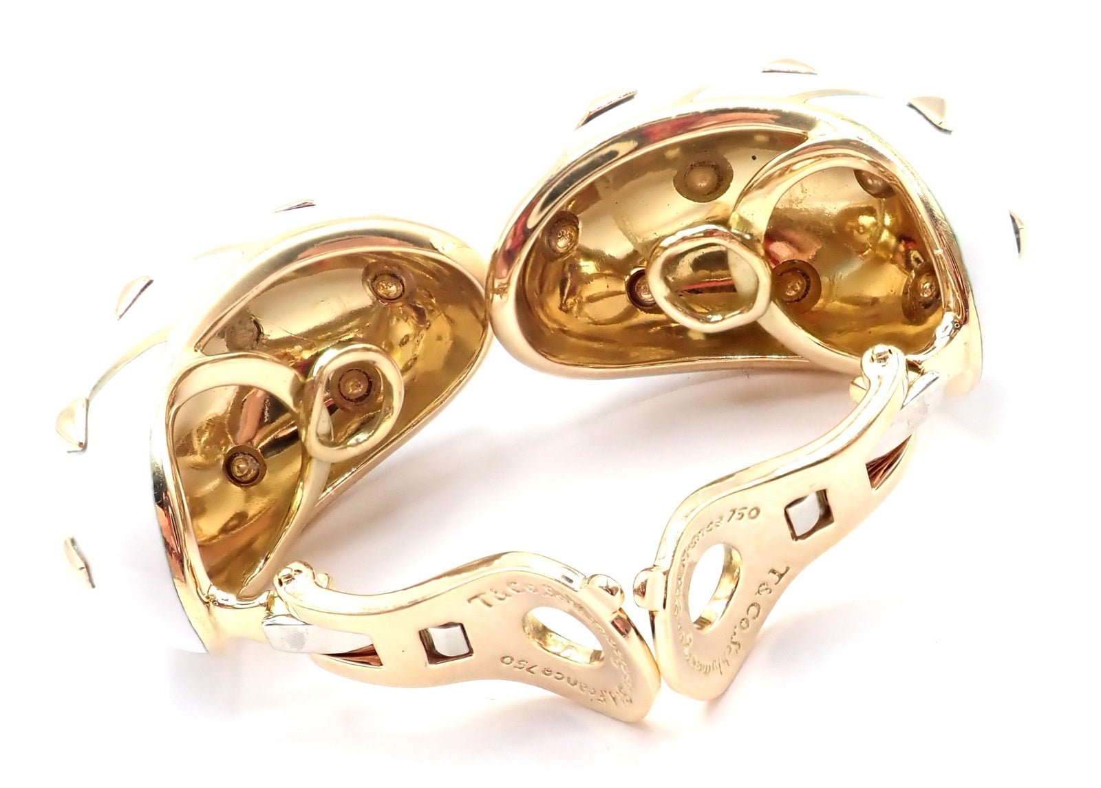 Tiffany & Co Schlumberger Dot Losange 18k Yellow Gold White Enamel Hoop Earrings | Fortrove
