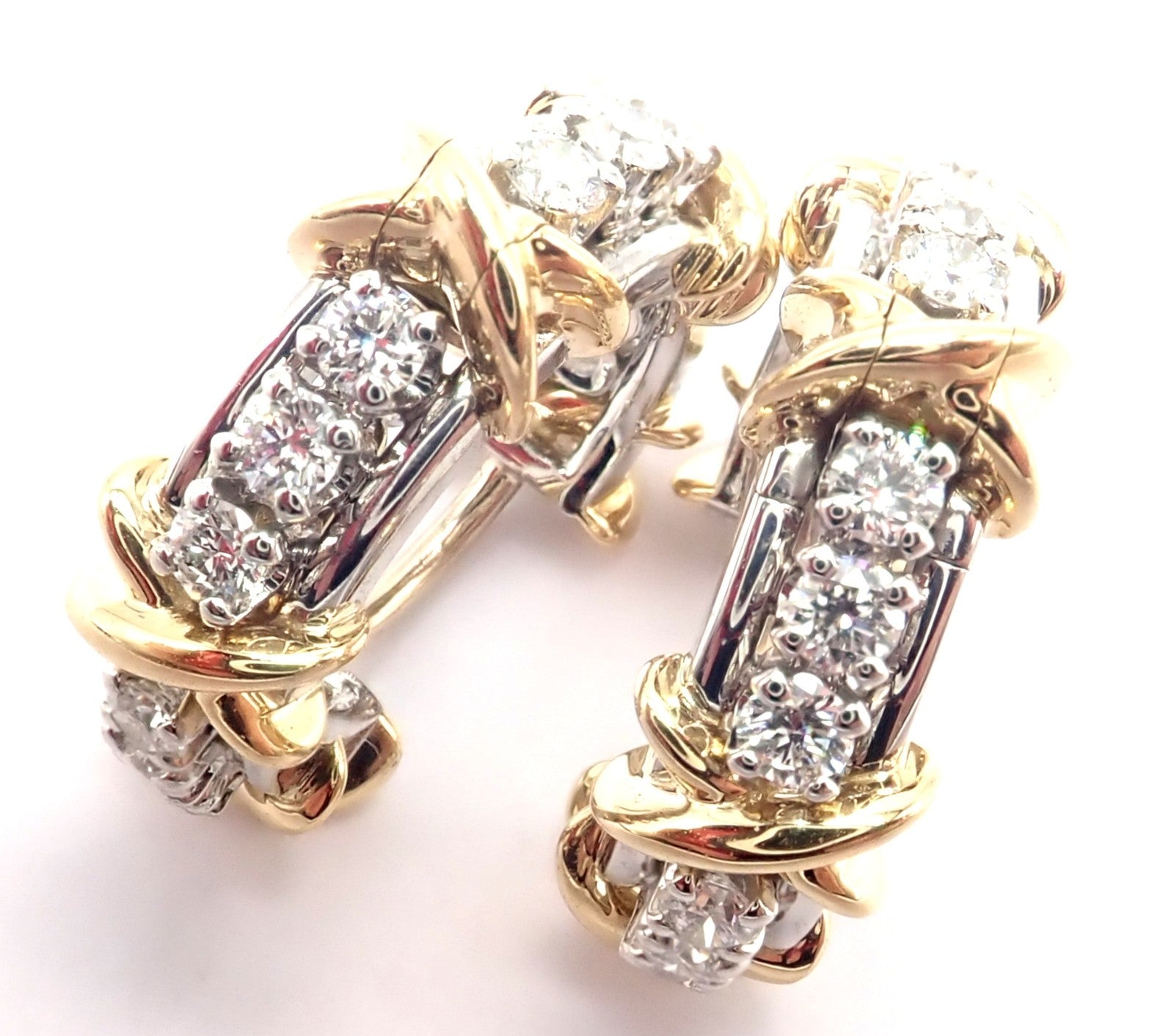 Tiffany & Co Schlumberger Sixteen Stone Plat Gold Diamond Narrow Hoop Earrings | Fortrove