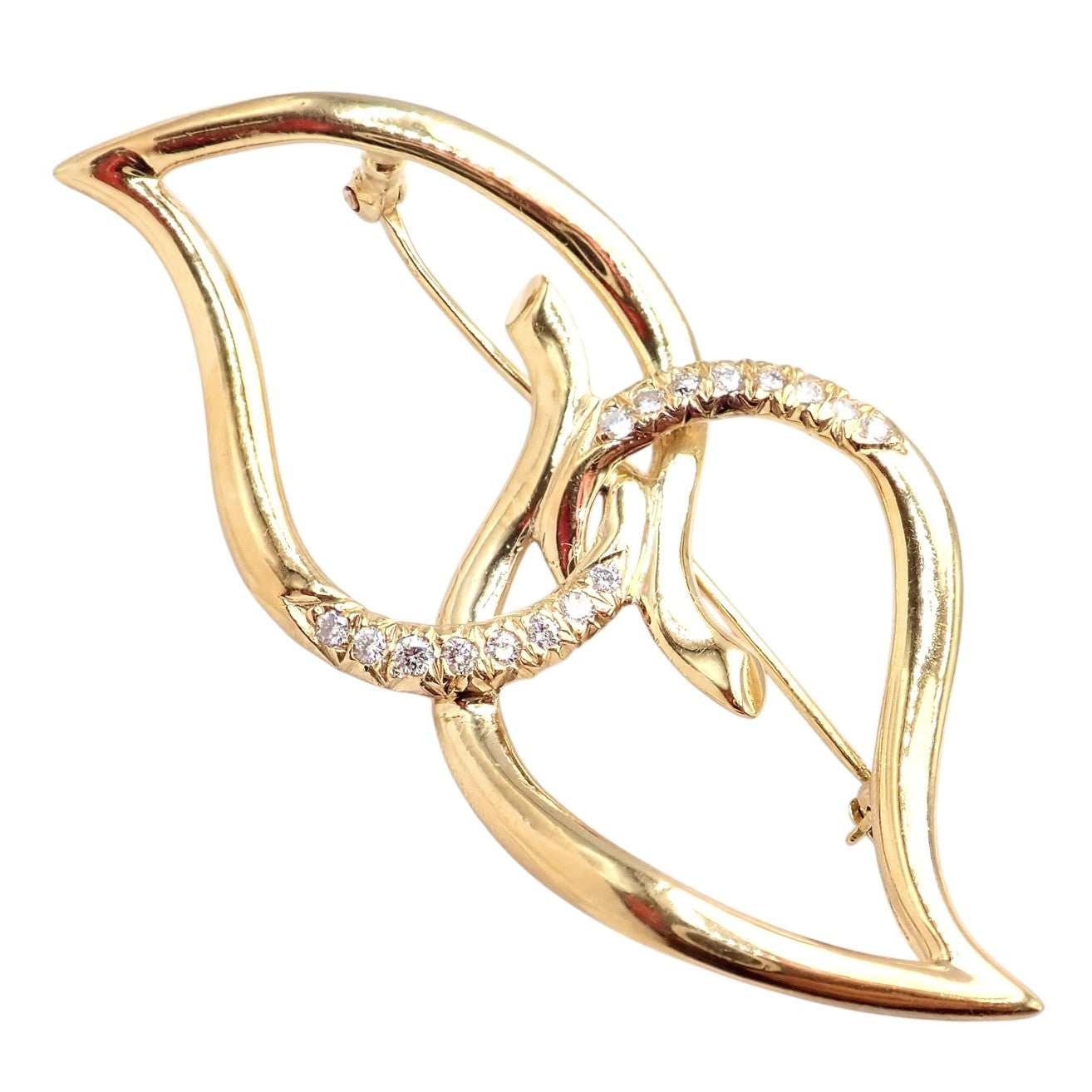 Authentic! Tiffany & Co 18k Yellow Gold Diamond Two Leaf Twin Brooch Pin 1987 | Fortrove
