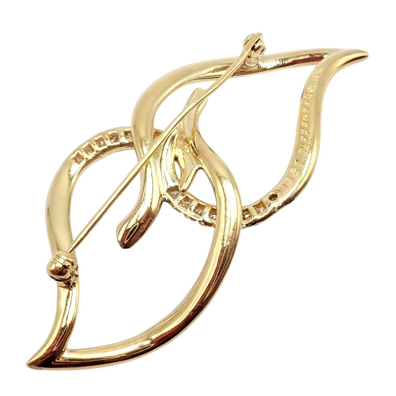 Authentic! Tiffany & Co 18k Yellow Gold Diamond Two Leaf Twin Brooch Pin 1987 | Fortrove