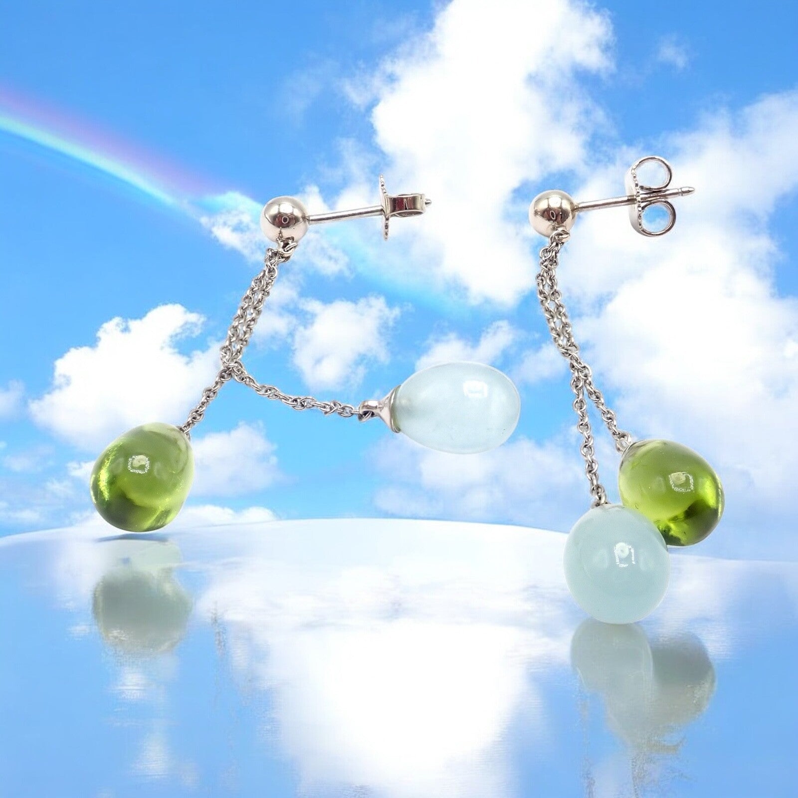 Authentic! Tiffany & Co 18k White Gold Rainbow Drop Peridot Chalcedony Earrings | Fortrove