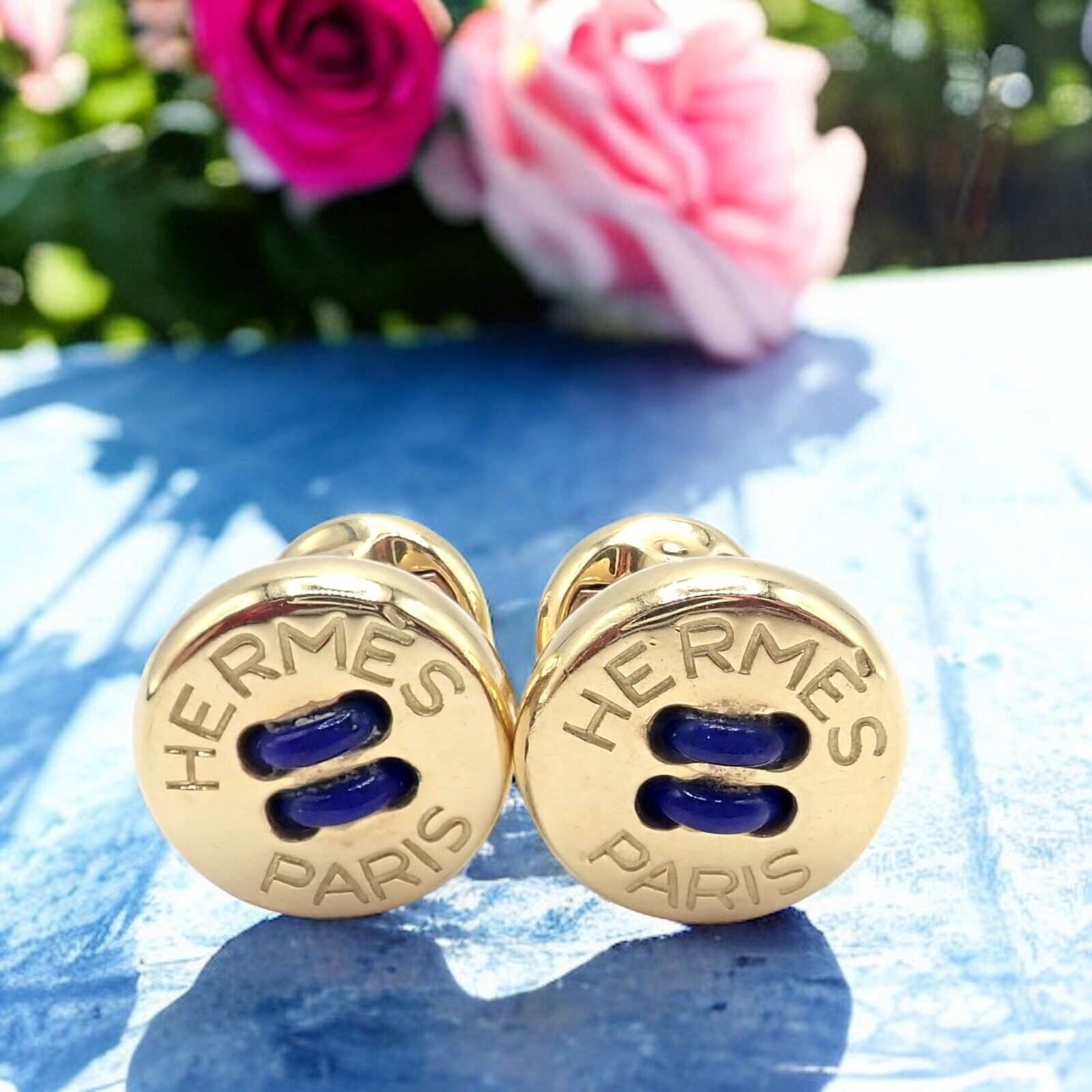 Rare! Vintage Authentic Hermes Paris 18k Yellow Gold Mens Lapis Button Cufflinks | Fortrove