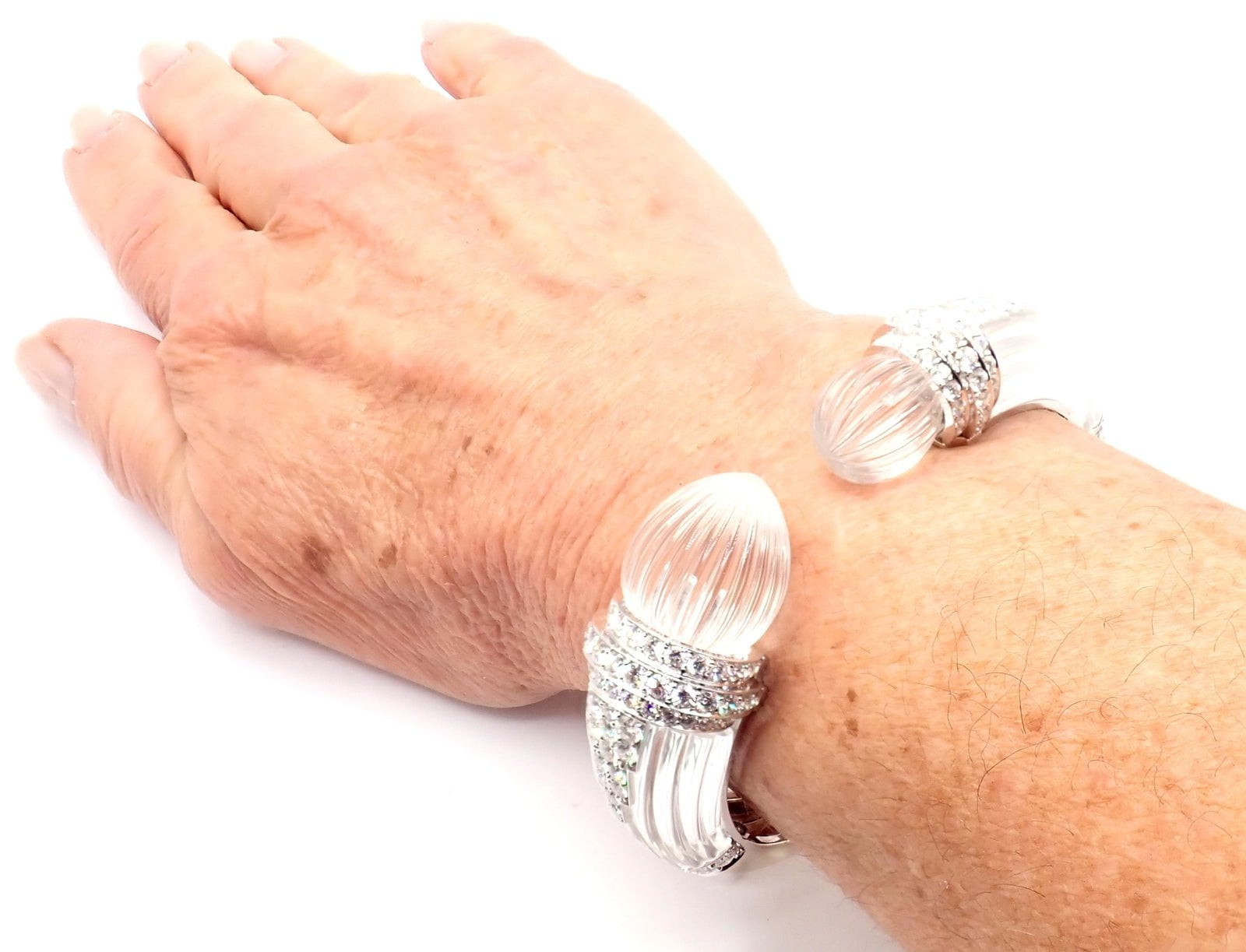 Authentic! David Webb 18k Gold & Platinum Diamond Rock Crystal Bangle Bracelet | Fortrove