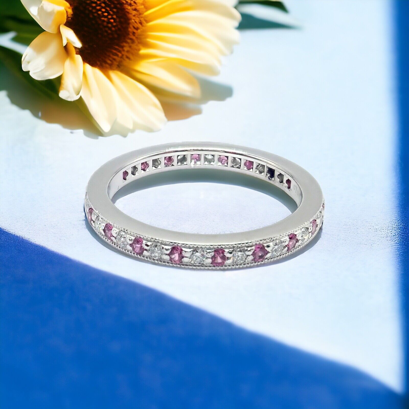 Tiffany & Co Platinum Diamond Pink Sapphire Milgrain 2.5mm Band Ring sz 5.75 | Fortrove