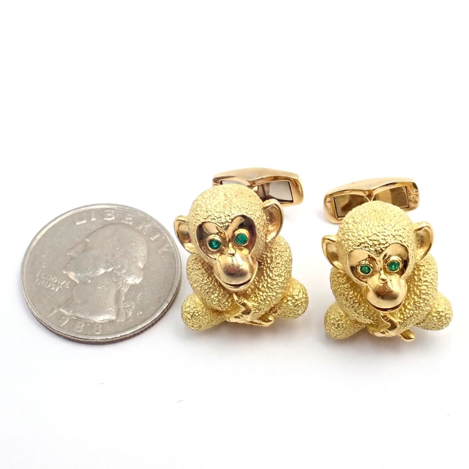 Authentic Kurt Wayne 18k Yellow Gold Emerald Whimsical Monkey Cufflinks | Fortrove