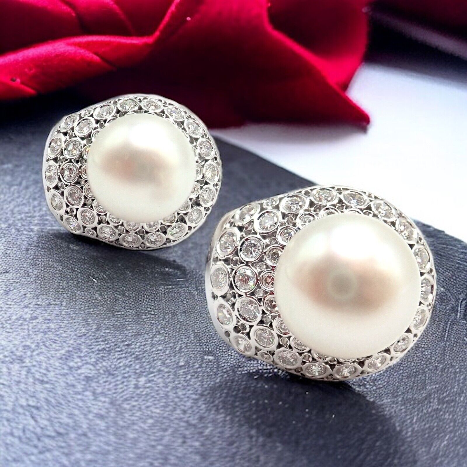Vintage Estate 18k White Gold Diamond 13mm Pearl Earrings | Fortrove