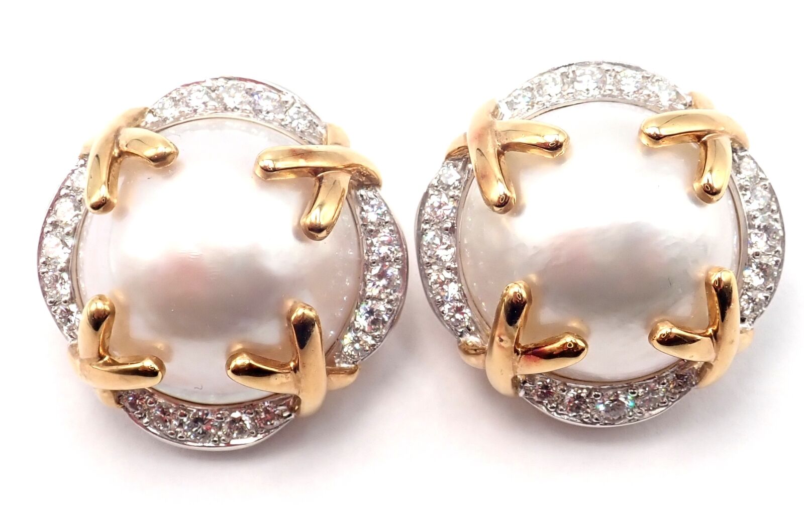 Authentic! Vintage Verdura 18k Yellow Gold Mabe Pearl Diamond Large Earrings | Fortrove