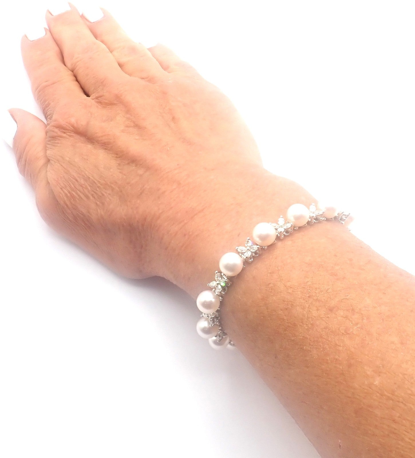 Tiffany & Co Victoria Platinum Diamond Akoya Cultured Pearl Line Tennis Bracelet | Fortrove