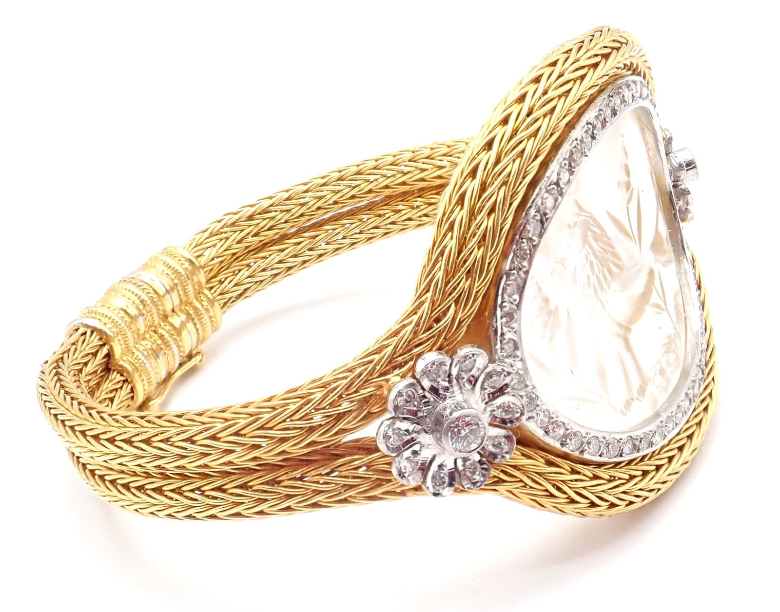 Authentic! Ilias Lalaounis 18k Yellow Gold Diamond Rock Crystal Bangle Bracelet | Fortrove