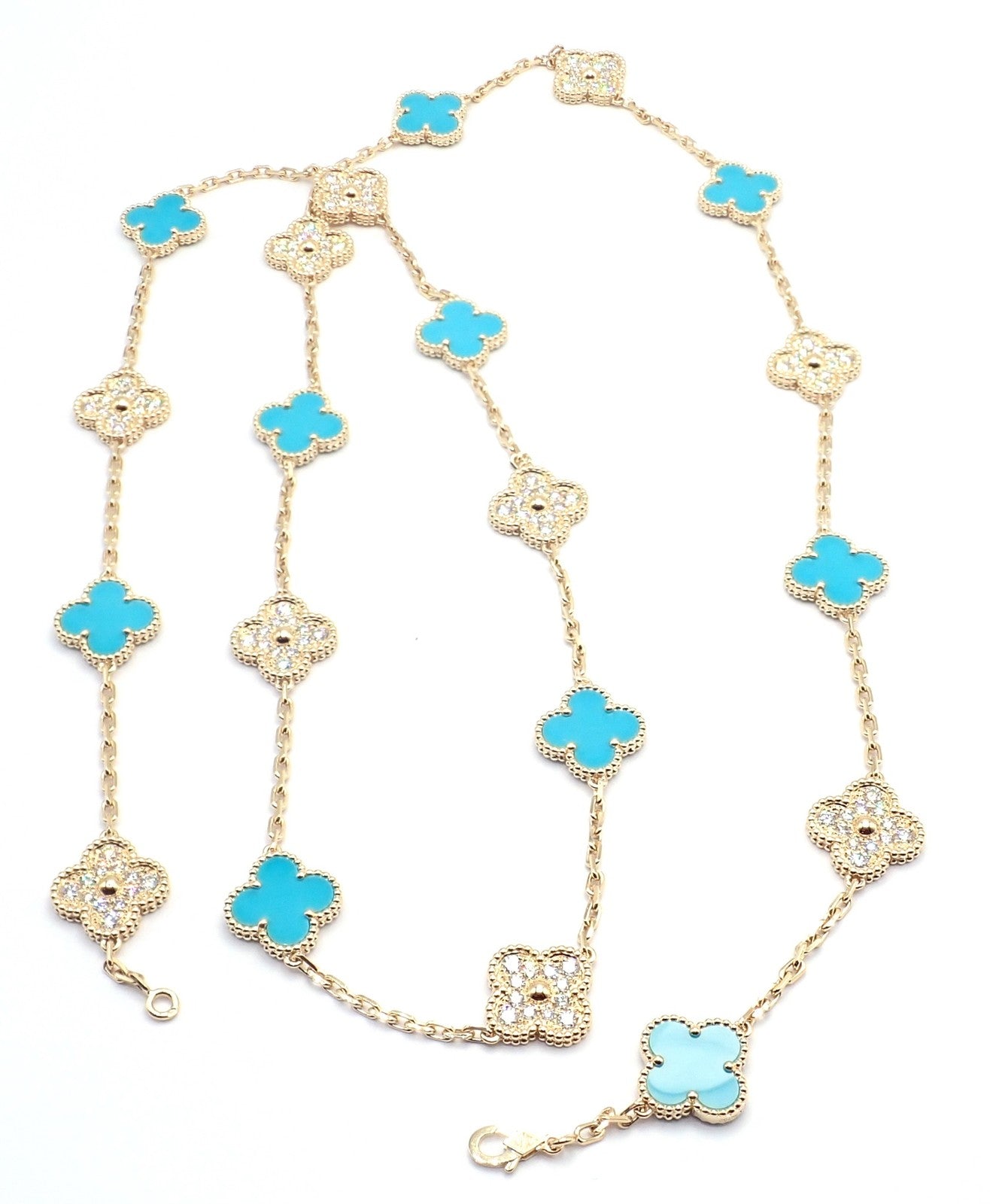 Van Cleef & Arpels 18k Yellow Gold 20 Motif Alhambra Diamond Turquoise Necklace | Fortrove