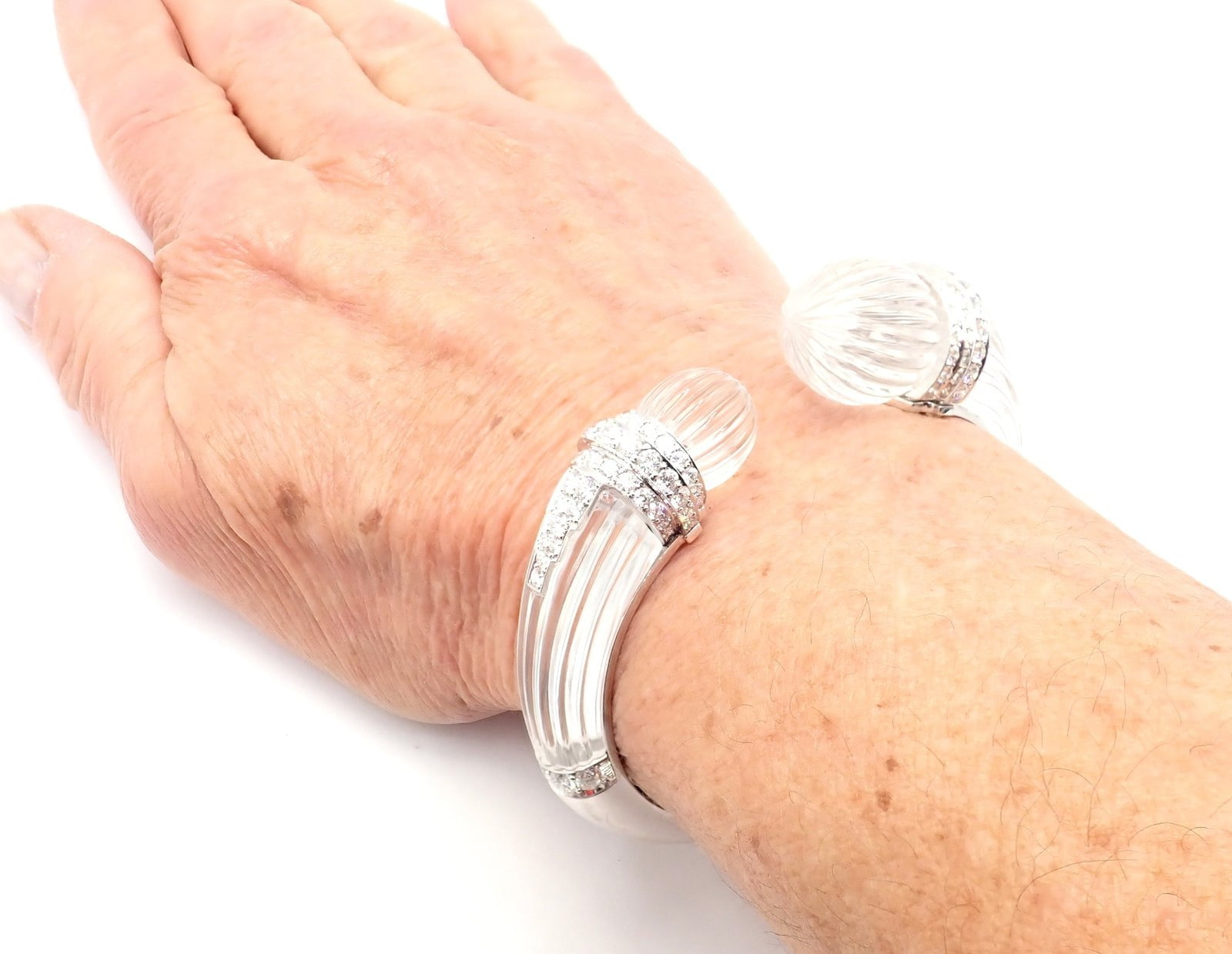 Authentic! David Webb 18k Gold & Platinum Diamond Rock Crystal Bangle Bracelet | Fortrove