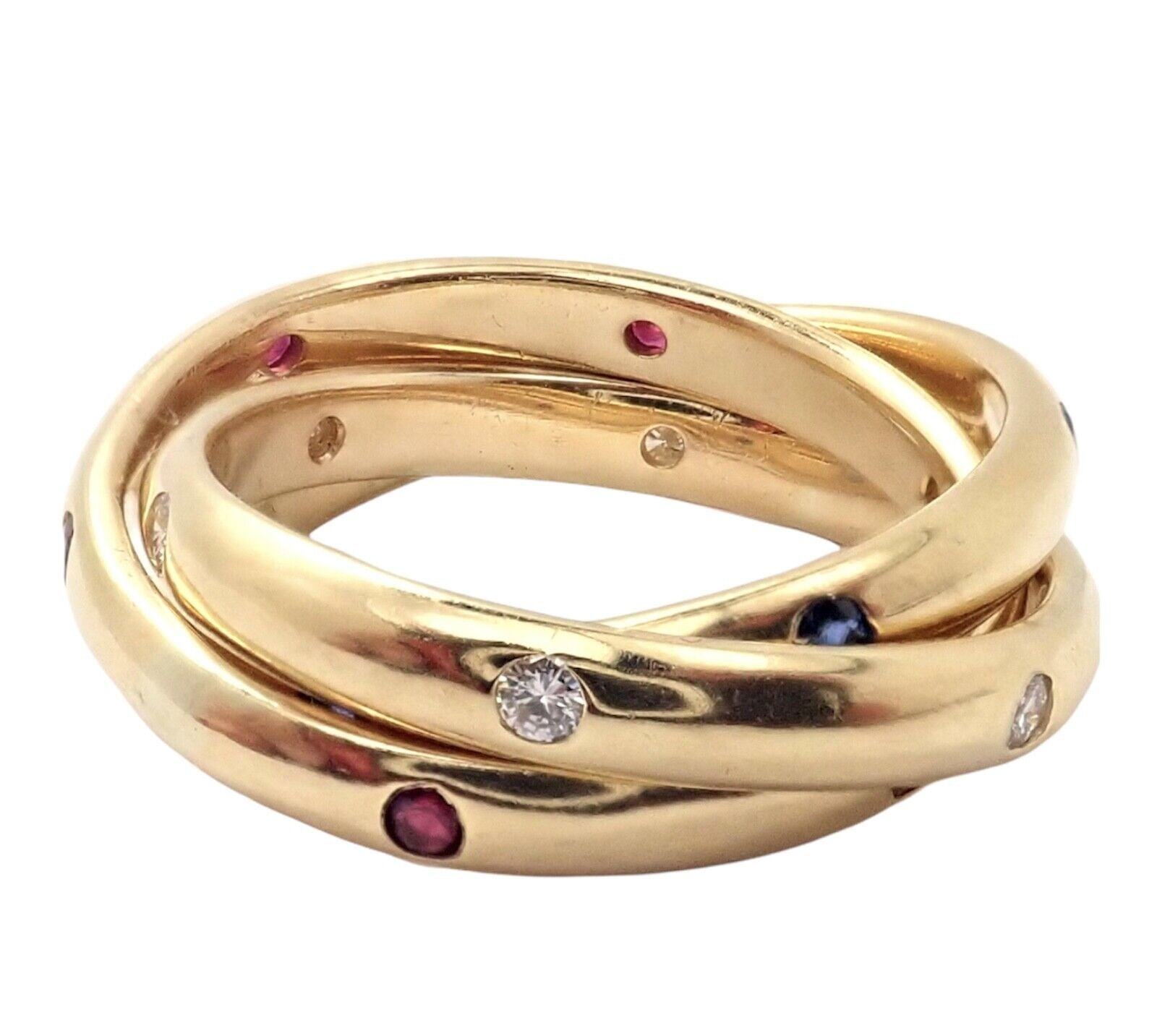 Authentic! Cartier 18k Yellow Gold Ruby Sapphire Diamond Trinity Band Ring 1995 | Fortrove