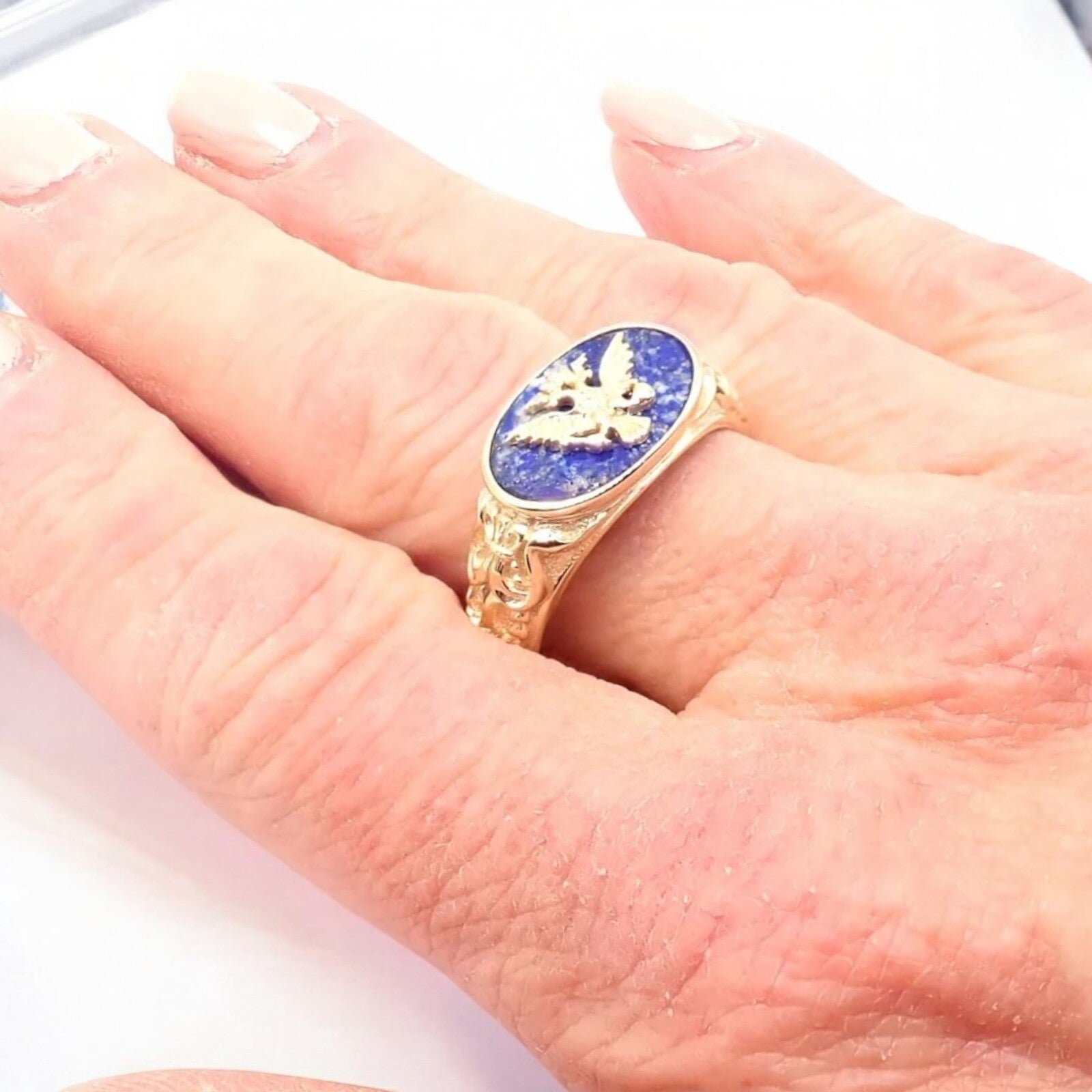 Authentic! Franklin Mint Faberge Imperial Eagle 14k Yellow Gold Lapis Ring | Fortrove