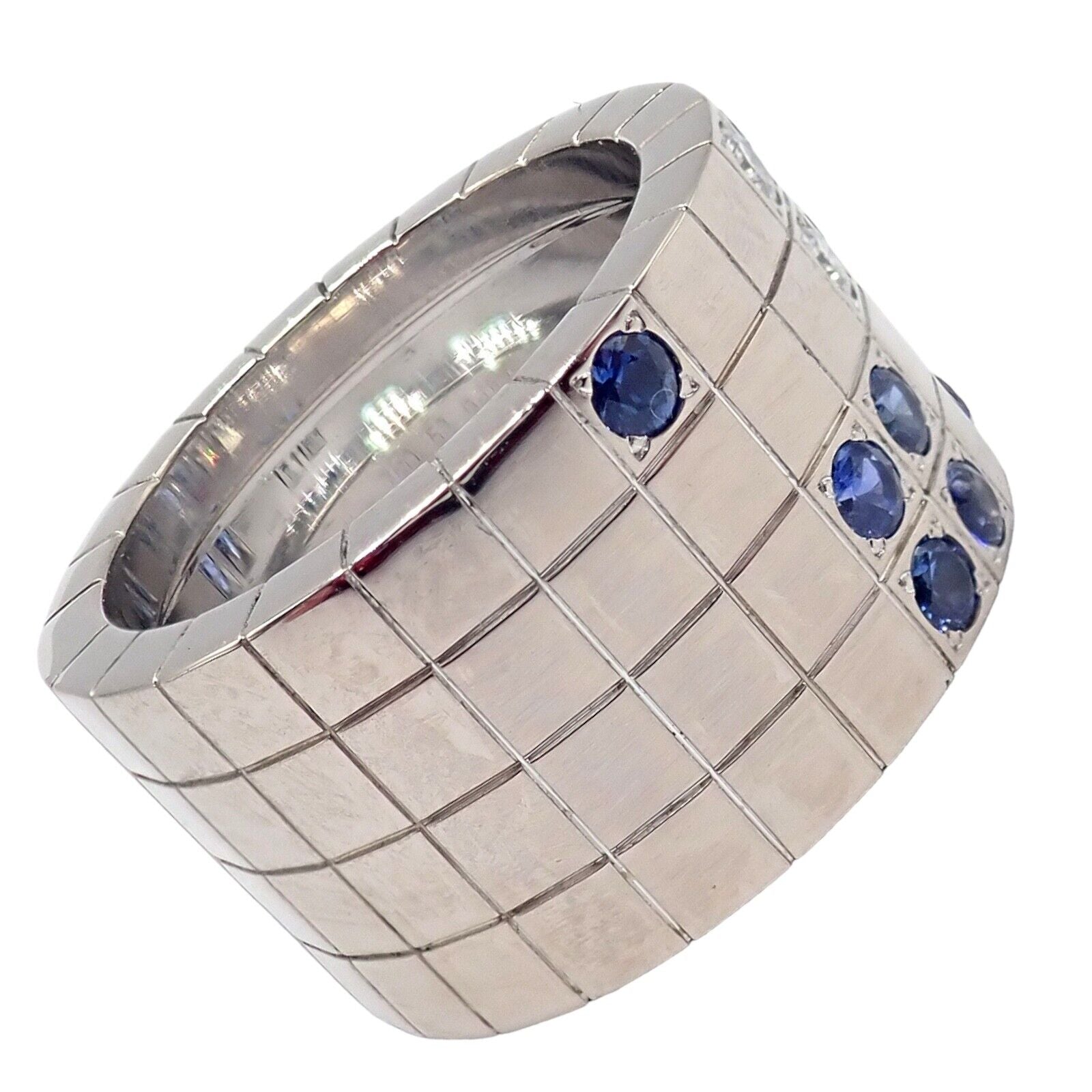 Cartier Jewelry & Watches:Fine Jewelry:Rings Cartier 18k White Gold Lanieres Diamond Blue Sapphire Wide Band Ring 52 6