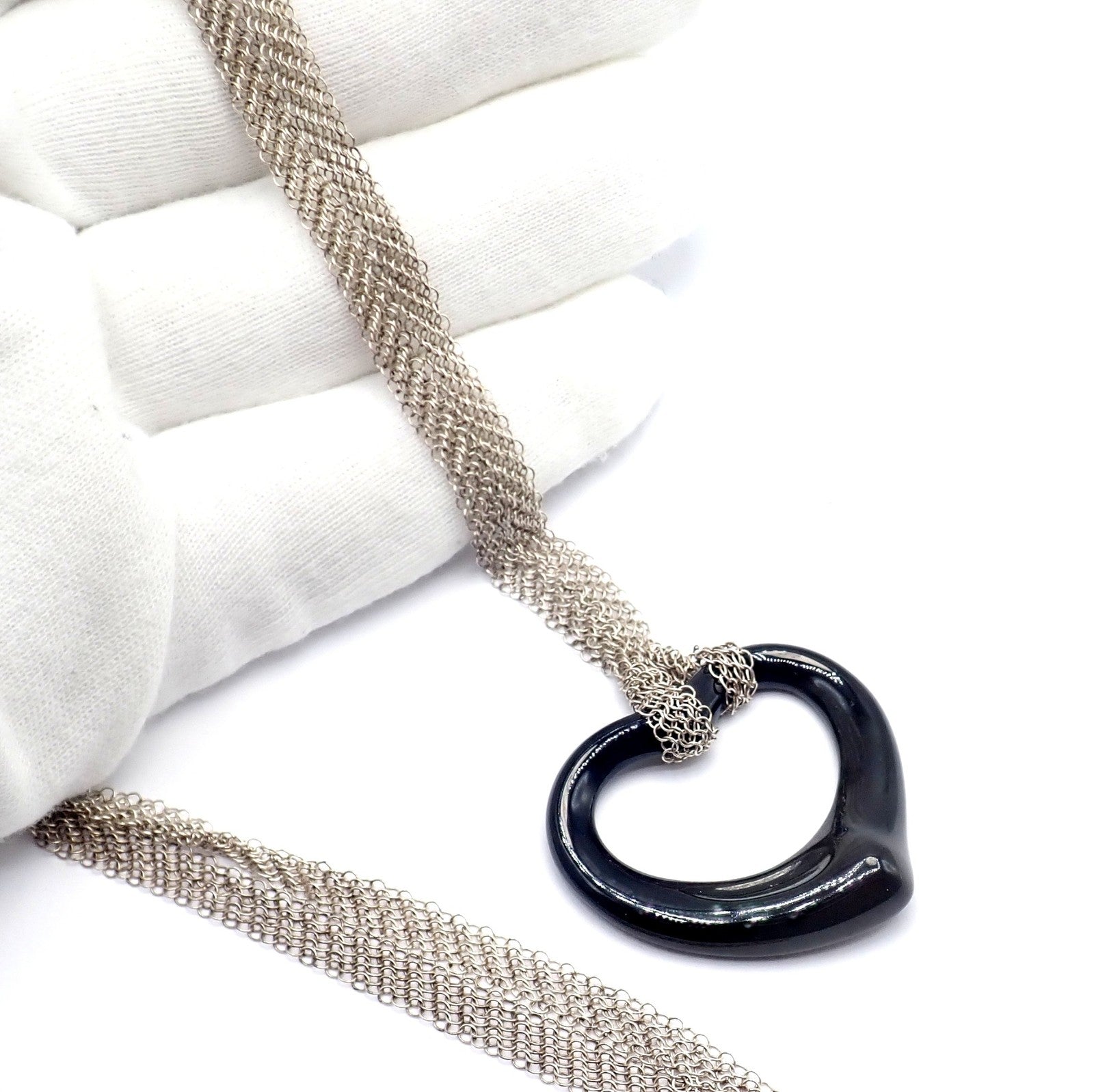 Tiffany & Co Silver Peretti 35mm Large Open Onyx Heart Pendant 28" Mesh Necklace | Fortrove
