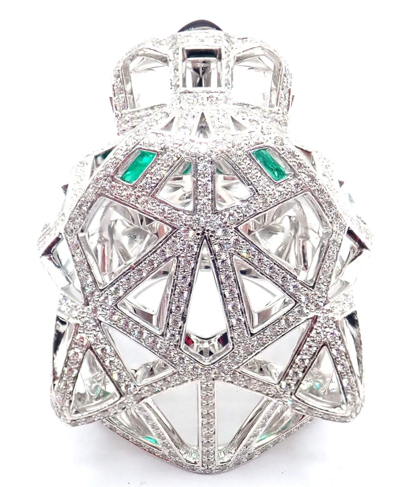 Cartier Panther Panthere 18k White Gold Emerald Diamond Paved Large Ring Size 54 | Fortrove