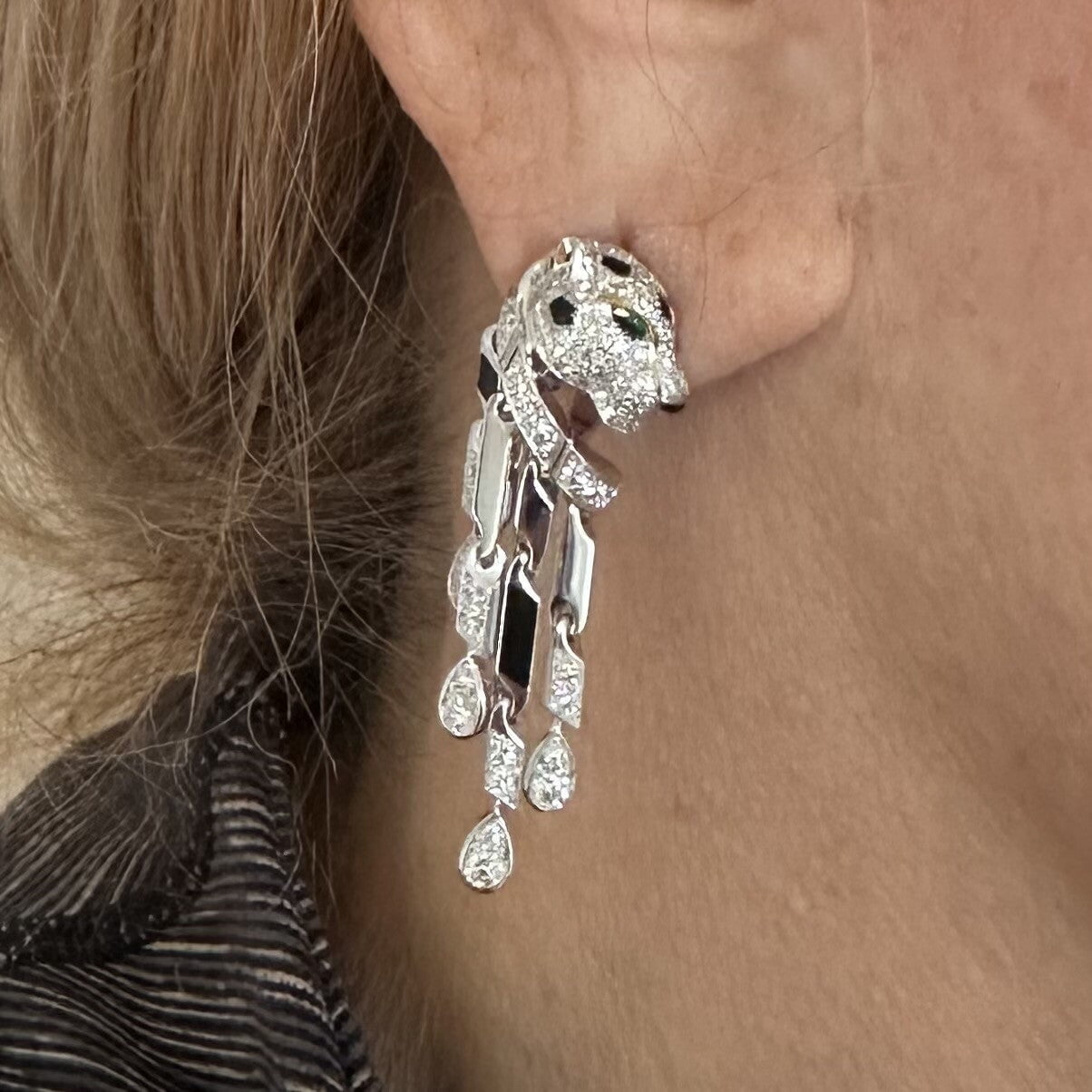 Authentic! Cartier Panthere Panther 18k White Gold Diamond Black Onyx Earrings | Fortrove