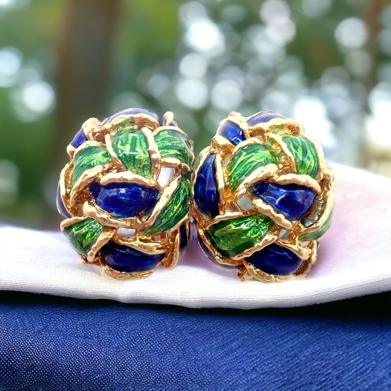 Tiffany & Co. Jewelry & Watches:Fine Jewelry:Earrings Vintage Tiffany & Co Green Blue Enamel 18k Yellow Gold Basket Weave Earrings