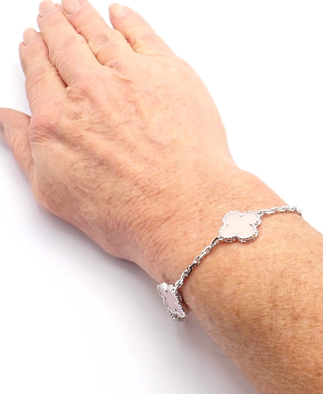 Authentic! Van Cleef & Arpels Alhambra 18k White Gold Pink Stone Bracelet Cer. | Fortrove