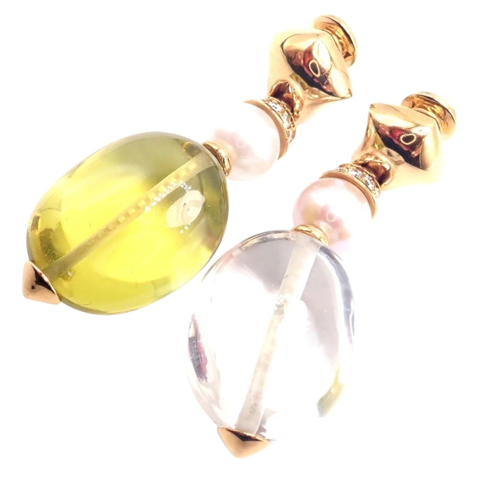 Authentic! Bulgari Bvlgari 18k Gold Diamond Pearl Peridot Crystal Drop Earrings | Fortrove