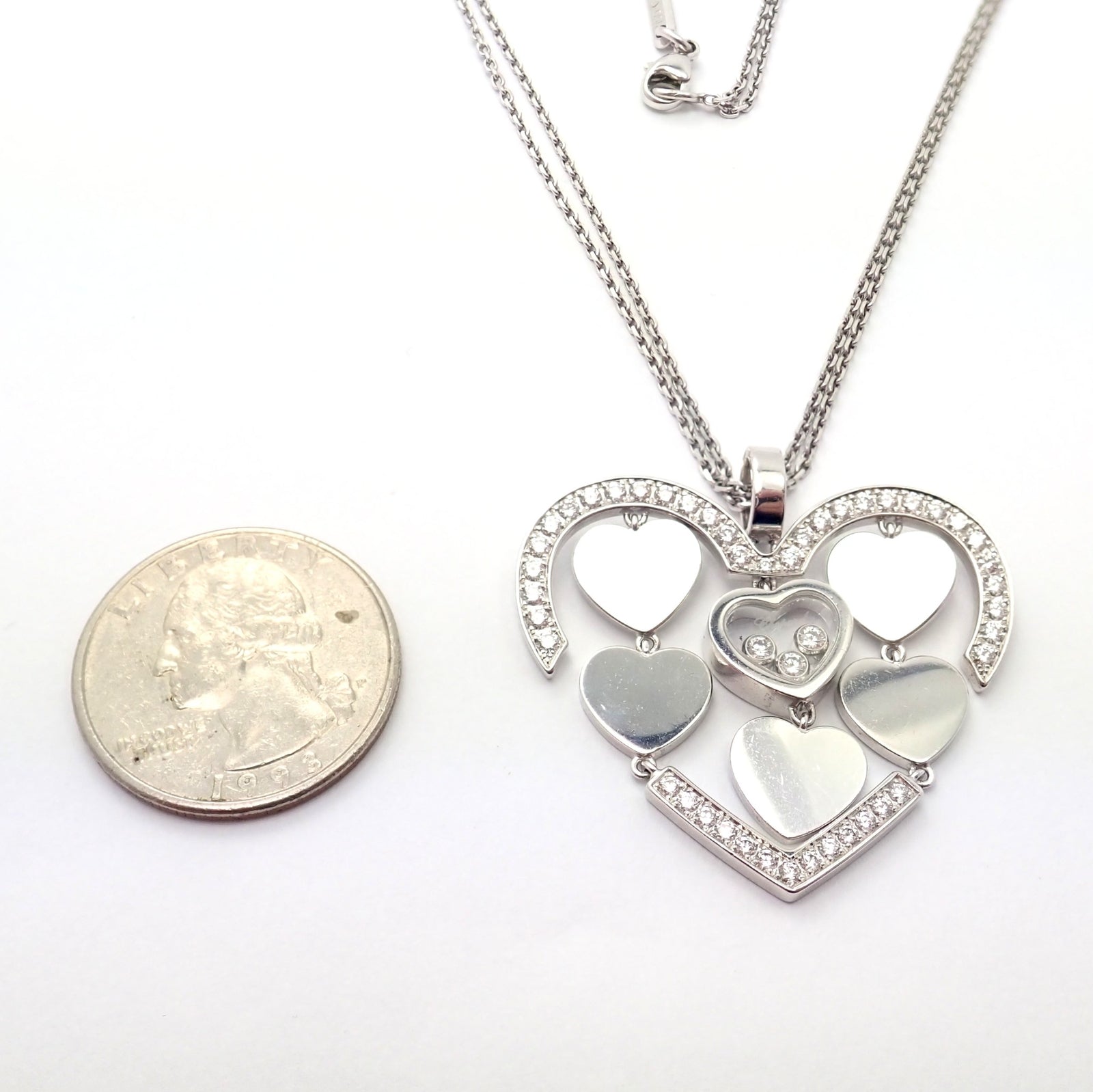 Authentic! Chopard 18k White Gold Large Double Happy Hearts Diamond Necklace | Fortrove