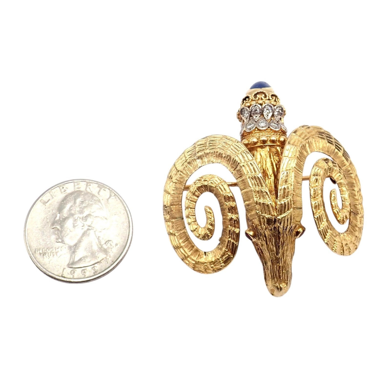 Rare Ilias Lalaounis 18k Yellow Gold Ram Ares Diamond Ruby Sapphire Large Brooch | Fortrove